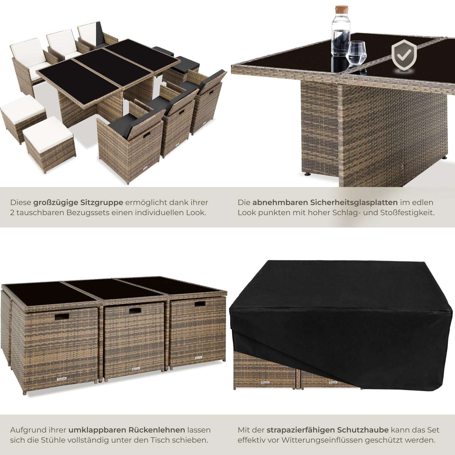 tectake Polyrattan Gartenmöbel Set, Sitzgruppe mit 6 Stühle +1 Glasplatte Tisch + 4 Hocker, Gartenlounge Set klappbar, für bis zu 10 Personen, Balkon Möbel, inkl. 2 Bezugsset - Natur