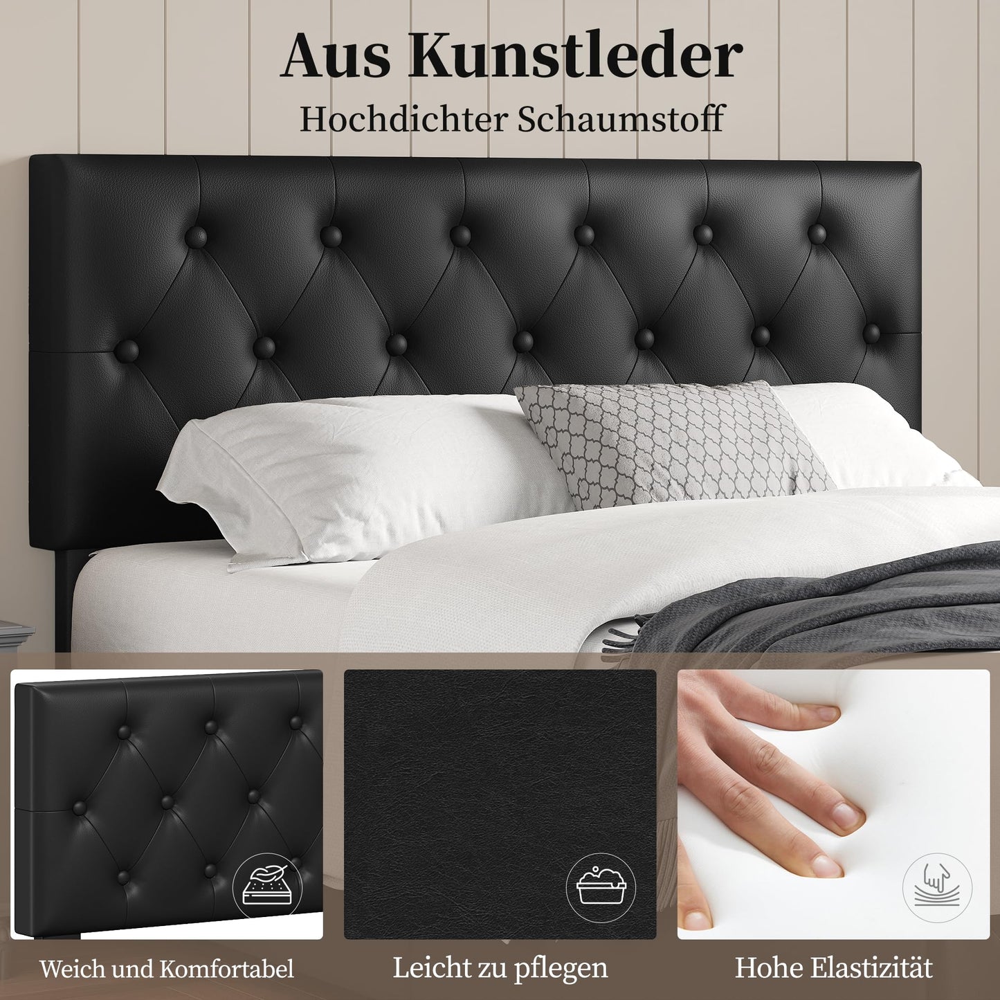 Yaheetech Polsterbett 140 x 200 cm Doppelbett Bettrahmen mit 2 Schubladen höhenverstellbares Kopfteil Gepolstertes Bett mit Lattenrost viel Stauraum, Schwarz
