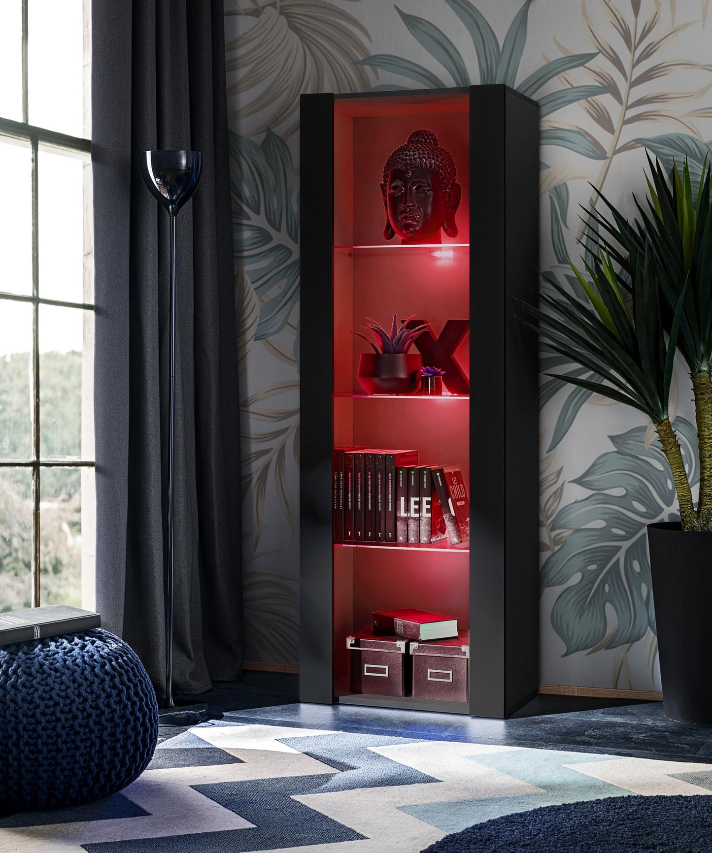 Komodee Tivoli Medio Wall Unit Living Room Set, Black/Black, Width 245 cm x Height 159 cm x Depth 35 cm, LED Blue, for Living Room, Bedroom