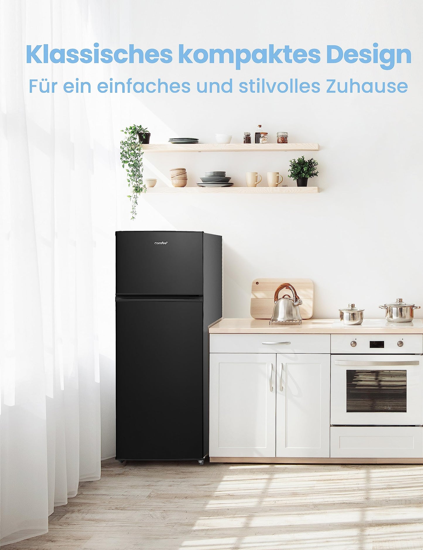 Comfee RCT284DK2A Fridge/Freezer, Top Freezer Compartment, 176 kWh/Year, 143 cm Height, LED Light, Reversible Door Hinge, Black