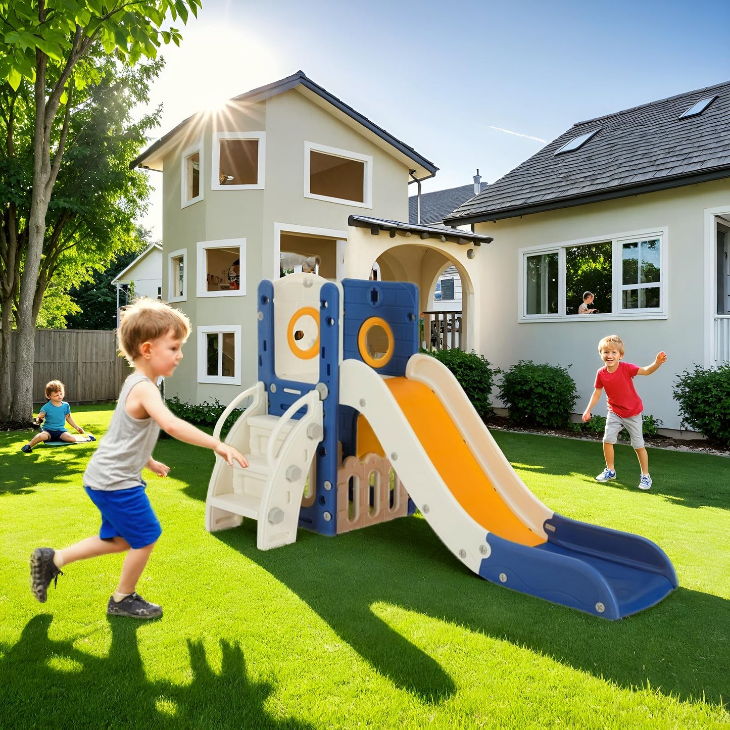 Kinderrutsche, für 1-3 Jahre, Indoor & Outdoor Rutsche ab 1 Jahre, Freistehende Rutsche mit Stauraum & Spielteleskope, Gartenrutsche, Kinder Spielplatz, mit 2PCS Moduls, Grün Grau
