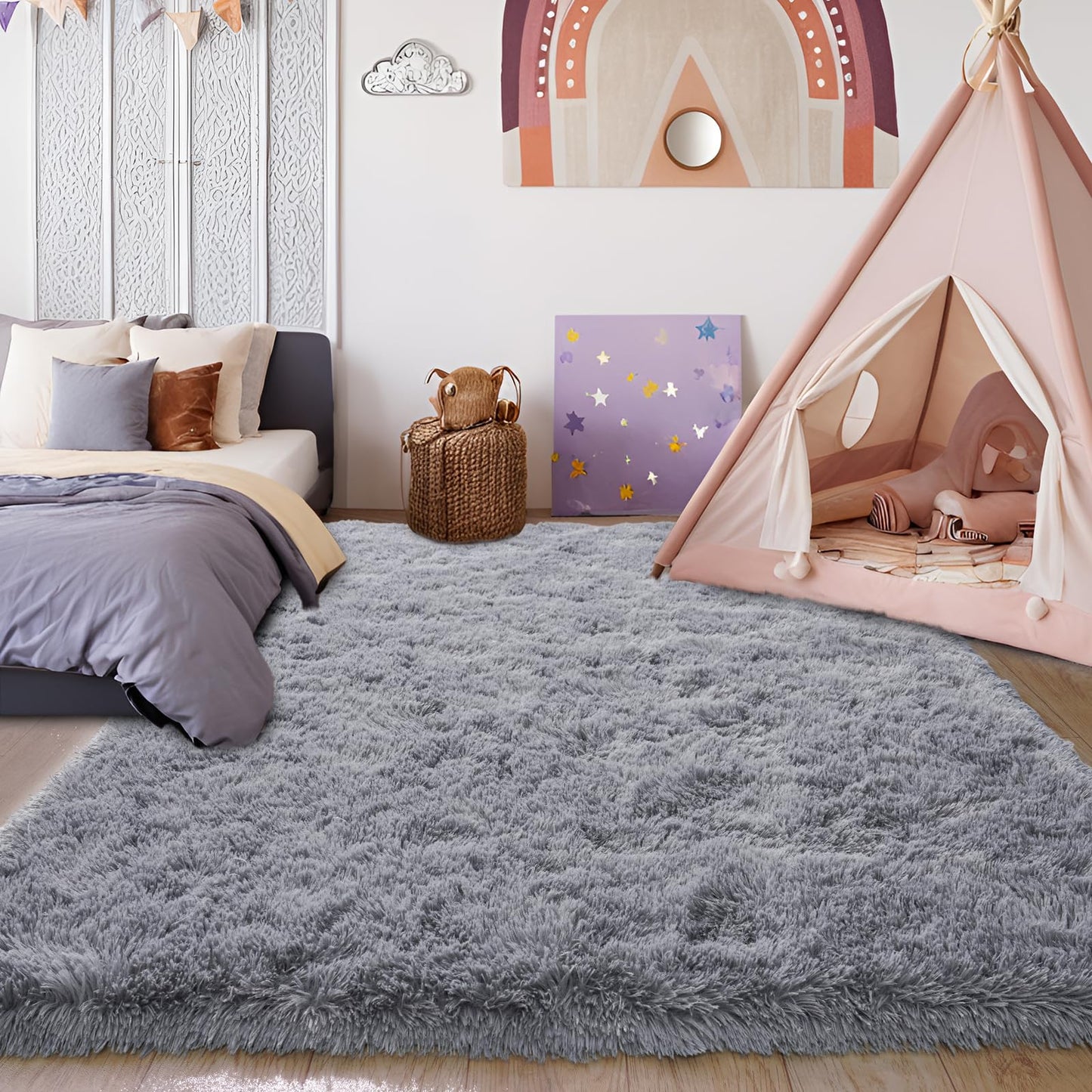 BSGIFT High Pile Rug, Grey, 160 x 230 cm, Shaggy Long Pile Fluffy Rug, Living Room, Modern Living Room Rug, Bed Rug, High-Pile Carpet, Non-Slip for Bedroom, Children's Room