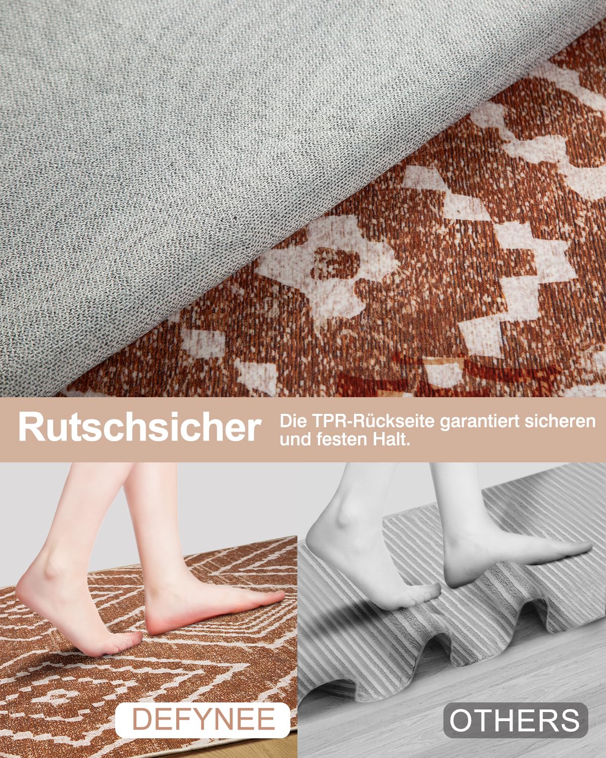 DEFYNEE Teppich Wohnzimmer 120 x 180 cm – Waschbarer Kurzflor Teppich, rutschfest, Vintage & Boho Stil, Pflegeleicht – Für Flur, Wohnzimmer, Schlafzimmer & Esszimmer, Dunkelblau