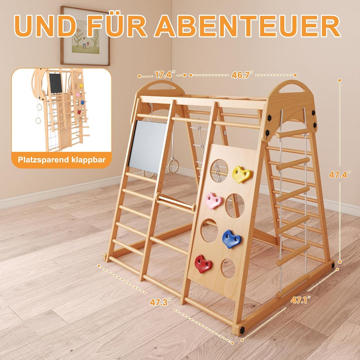 Freelawn Klettergerüst Indoor Montessori 9-in-1 Holz Spielplatz - Kletternetz, Rutsche, Sprossenwand für Kinder 1-6 Jahre (Natur)