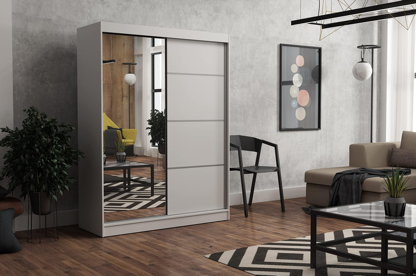Brent - Tom Wardrobe with Mirror, 160 cm Wide, Bedroom Wardrobe with 1 Clothes Rail and Shelves for Clothes, Wardrobe Grey