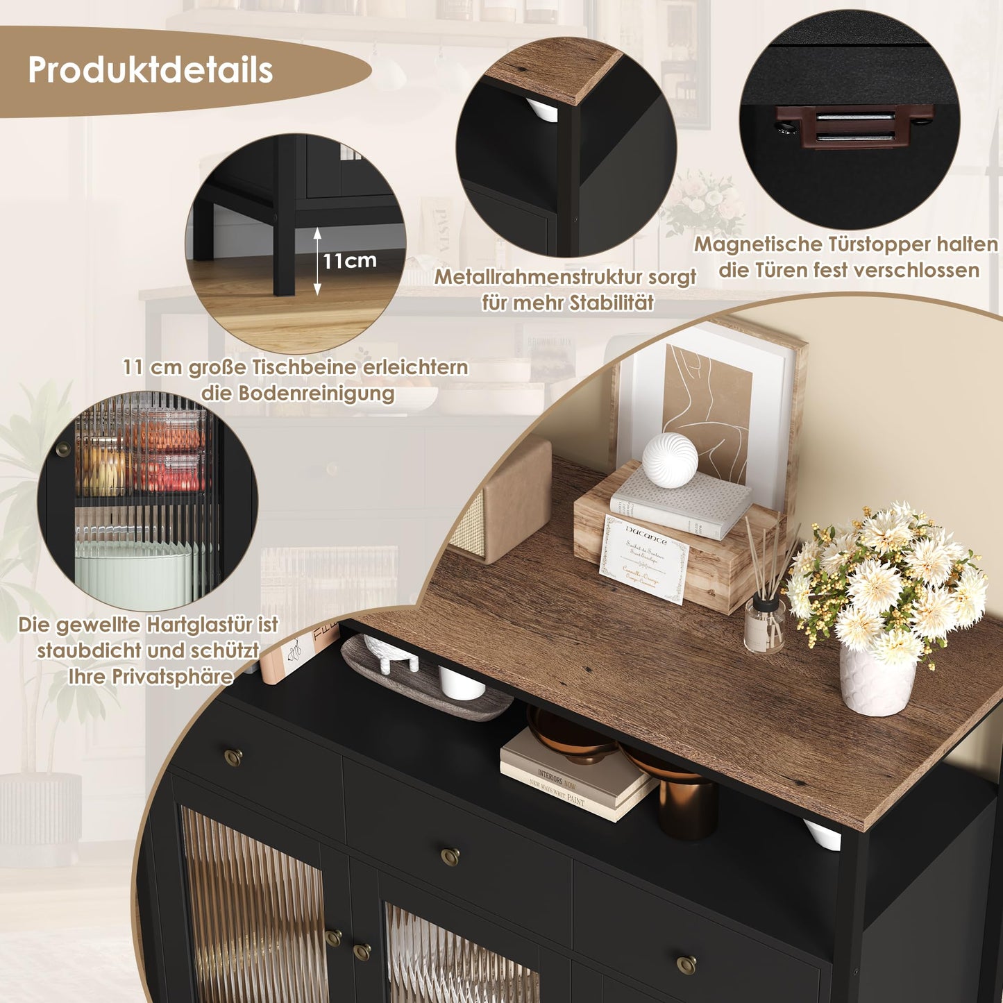 FirFurd Sideboard Küchenschrank mit Arbeitsplatte &3 Schubladen&3 Glastüren, Buffetschrank Kommode Kaffeebar Mehrzweckschrank, Sideboard für Wohnzimmer Küche Esszimmer 108 x 38 x 98,5 cm schwarz