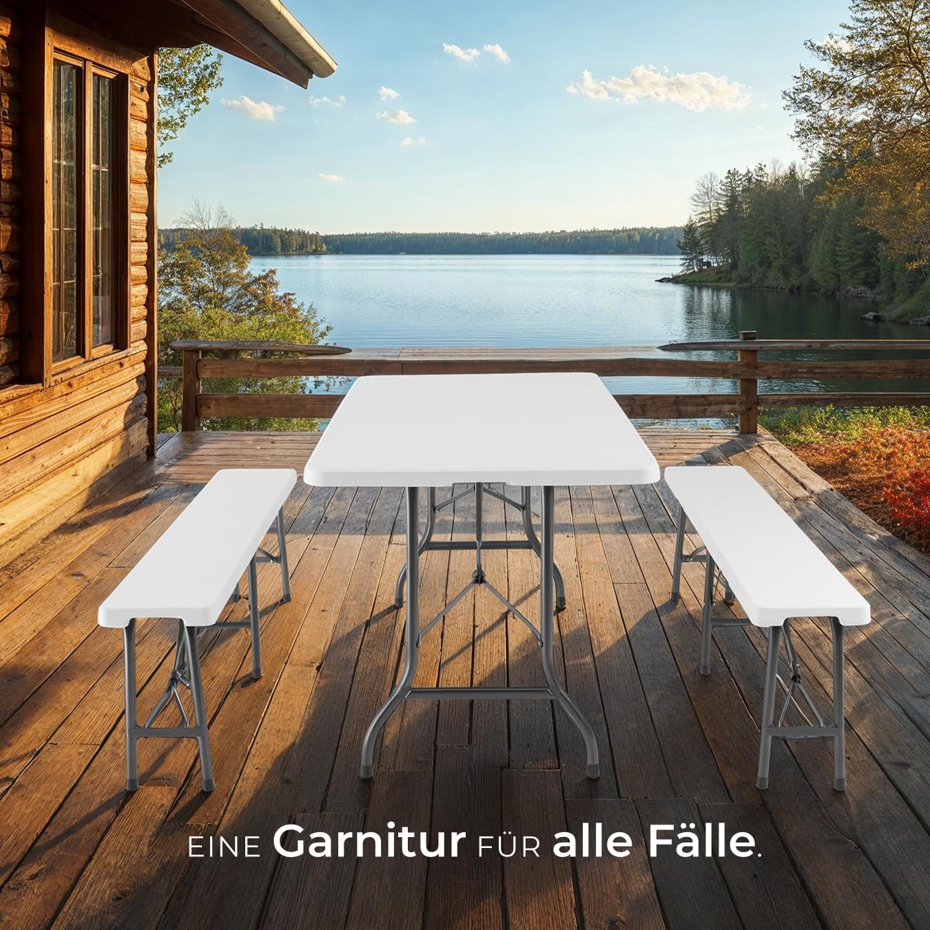 tectake® 3-teiliges Gartenmöbel Set, klappbarer Campingtisch mit 2X Bierbank, Balkonmöbel, Garten oder Terrassentisch Set, Bierzeltgarnitur, mit Tragegriffen, 180cm lang (weiß)