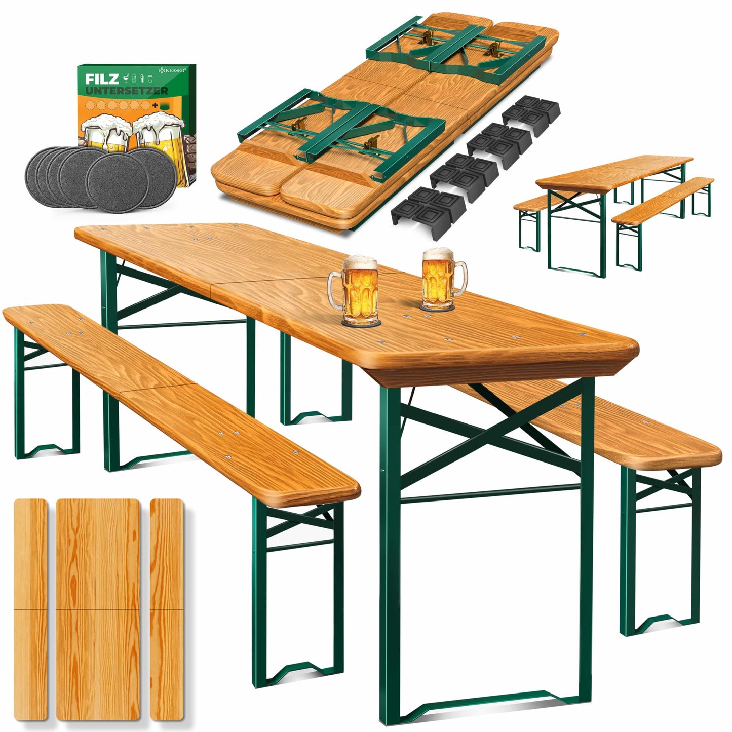 KESSER® Bierzeltgarnitur 3 teilig Gartenmöbel-Set | Klappbar 220 x 50 x 77cm | 2X Bierbänke 1x Biertisch | Festzeltgarnitur Biertisch Stehtisch Sitzgarnitur Holz 16-teiliges Bodenschoner-Set
