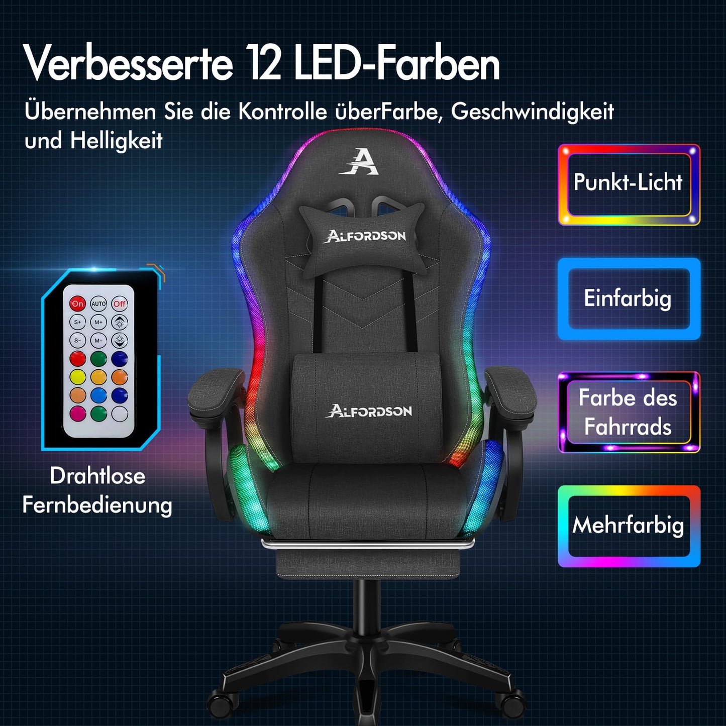 ALFORDSON Gaming Stuhl mit 8-Punkt Massage 12 Farben RGB LED-Licht, Bürostuhl Ergonomisch mit fußstützen, Kopfstütze Lendenkissen für Kinder Erwachsene, Schwarz
