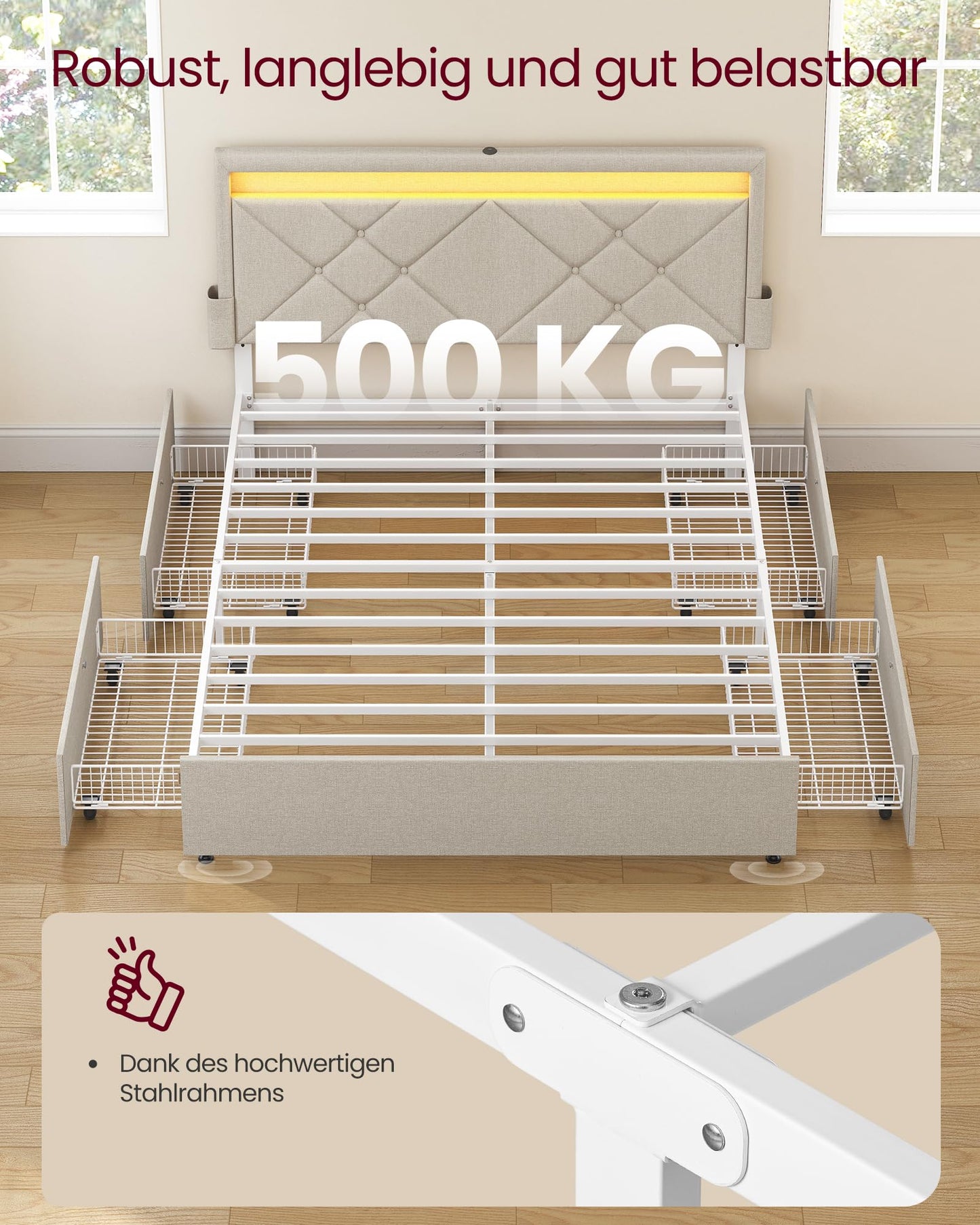 VASAGLE Double Bed Frame - Fits 140 x 200 cm Mattress - LED Metal Bed - 4 Drawers - Charging Station - Adjustable Padded Headboard - Slate Grey RMB827G02