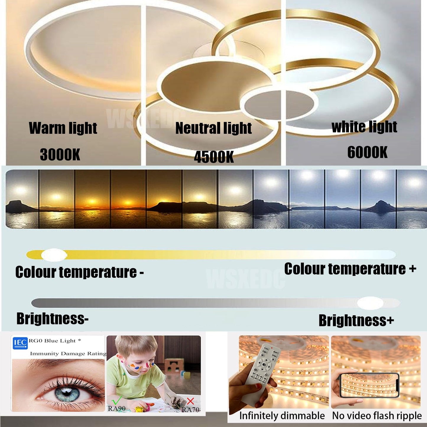 Dimmbare LED 6 Ring Wohnzimmerleuchte LED-Deckenleuchte moderne kreative Deckenbeleuchtung Innenbeleuchtung für die Augenpflege Für Schlafzimmer Büro Esszimmer Jugendzimmer (Weiß, L80cm 71W)