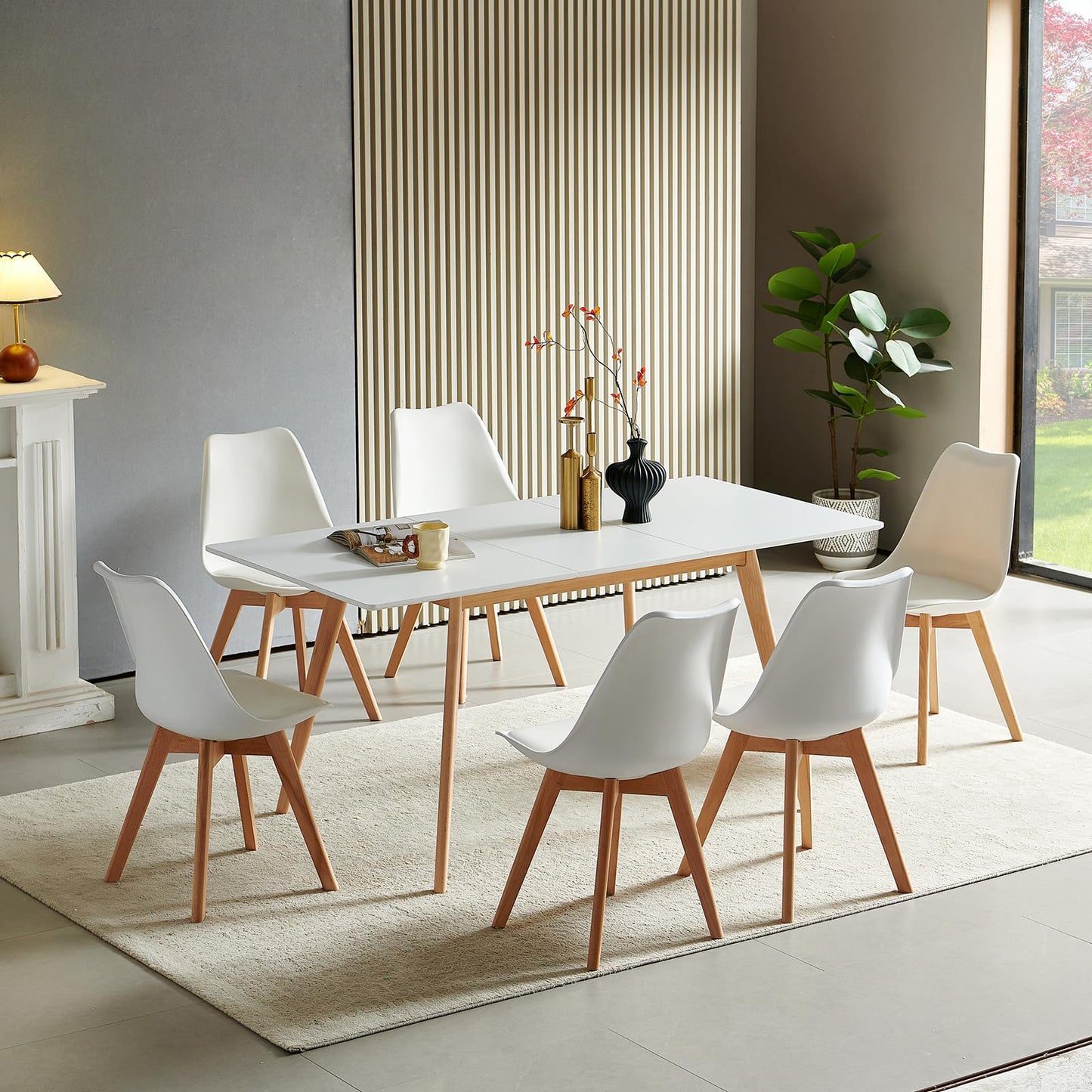H.J WeDoo Esszimmergruppe mit 4 Essstühlen, Rechteckig Esstisch und Stühle für Esszimmer, Küche, Wohnzimmer, Weißer Esstisch und Graue Stühle