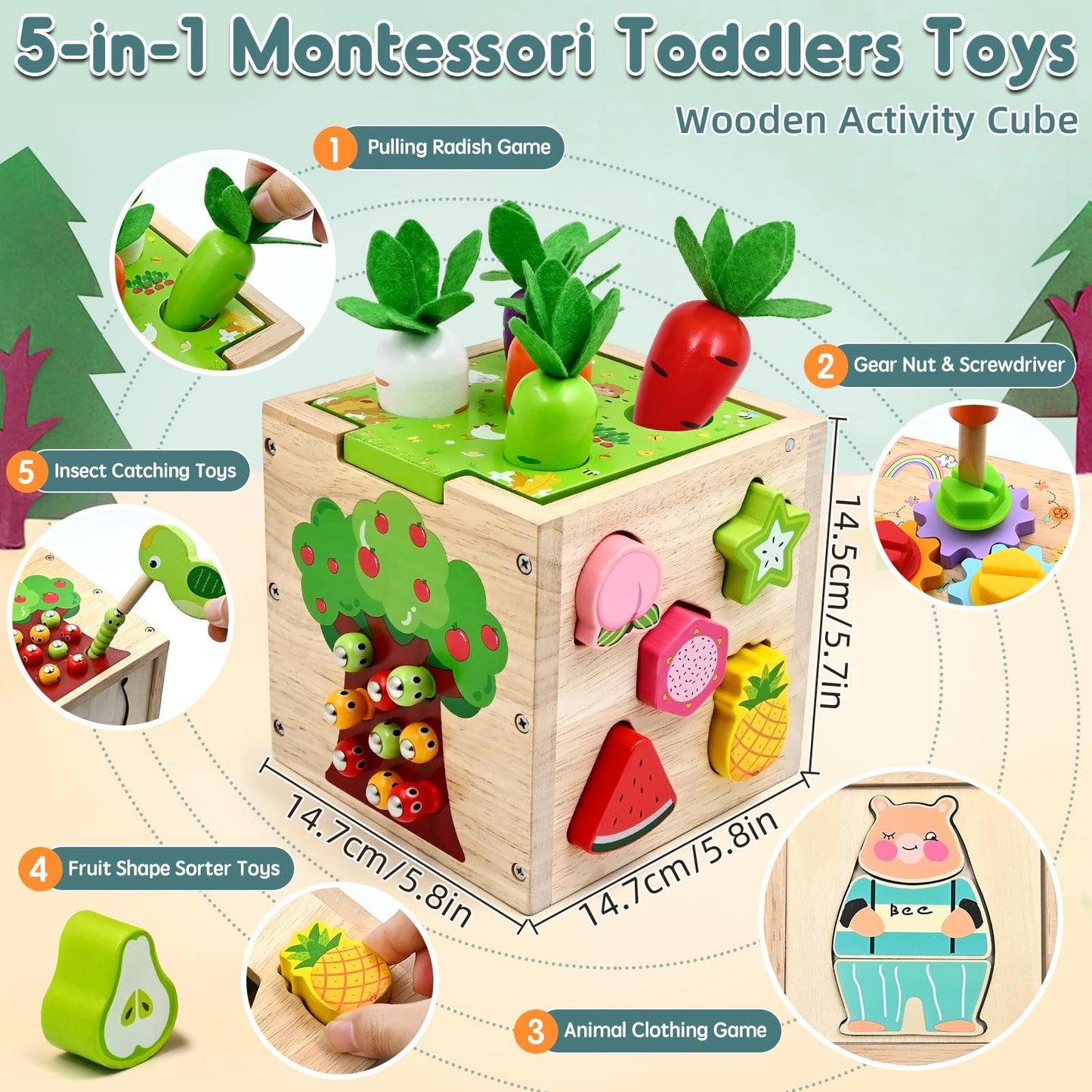 Motor Skills Cube 5 in 1 Activity Cube Toy from 1 2 3 4 Years Gift, 49 Pieces Montessori Educational Toy Wooden Toy for Children, Activity Centre Baby from 18 Months