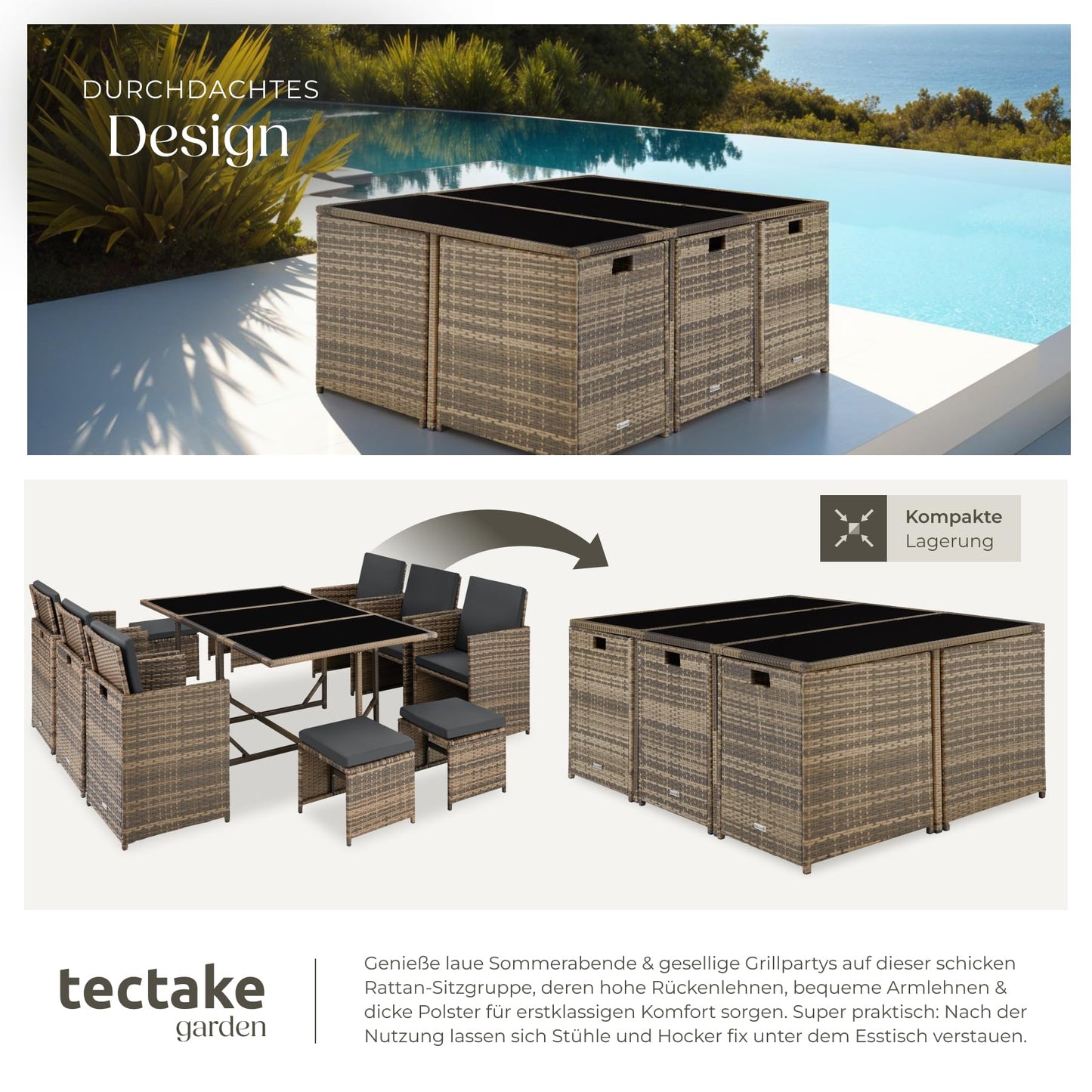tectake® Outdoor Balcony Garden Furniture Set, Lounge with 6 Chairs, 4 Stools and 1 Table, Poly Rattan Wicker, Weatherproof, Space-Saving - Grey