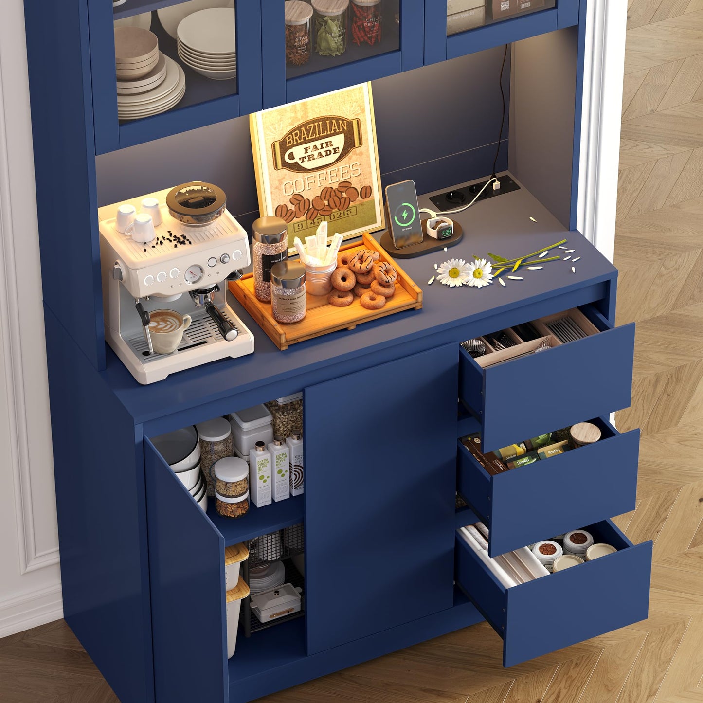 FirFurd Kitchen Cabinet Buffet Cabinet with LED Sideboard for Kitchen with Power Strip Kitchen Cabinet with Worktop and 3 Drawers Kitchen Buffet with Adjustable Shelf 180 x 100 x 38.5 cm (Black)