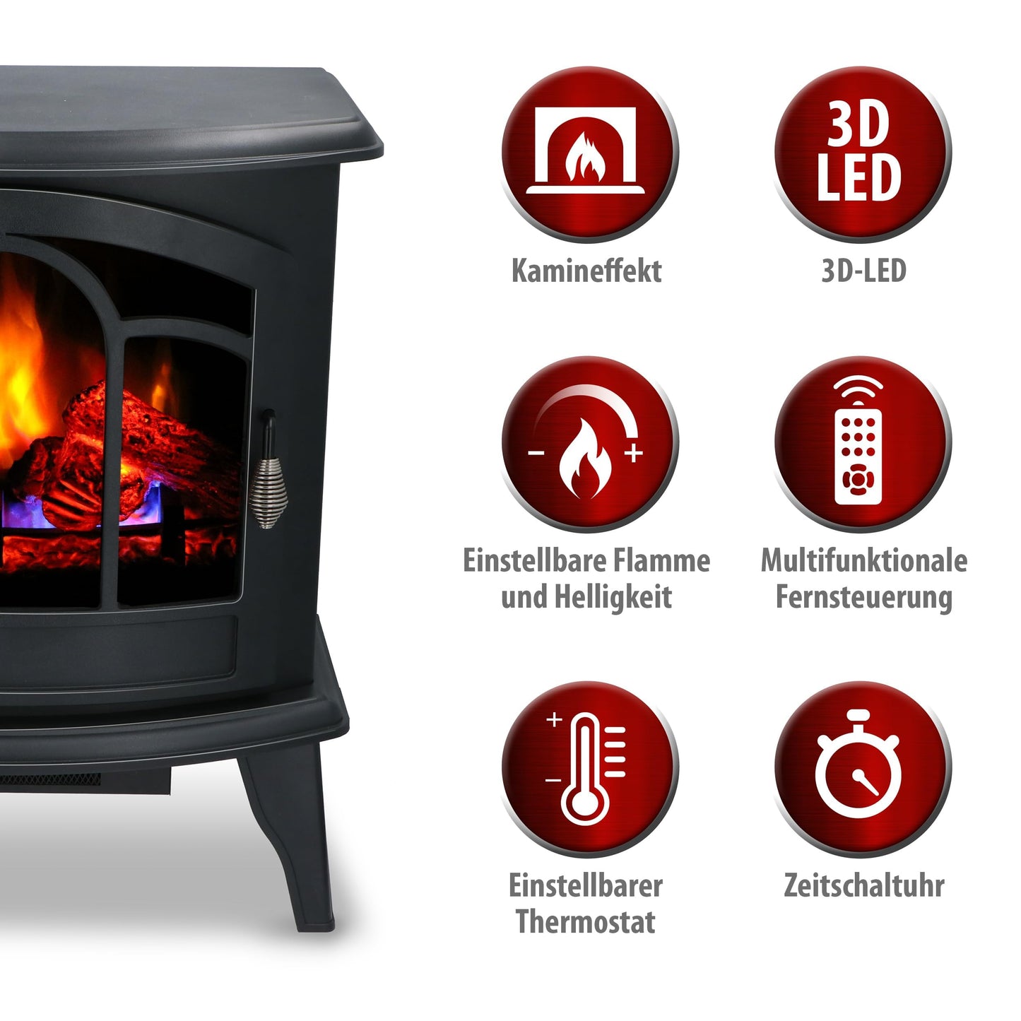 alpina Vicenza Elektrokamin mit Heizung – Elektroheizung 2000W - Kaminofen mit Heizung, Fernbedienung und Timer - Elektroherd mit LED-Flammen - Freistehend - Schwarz, 1800W