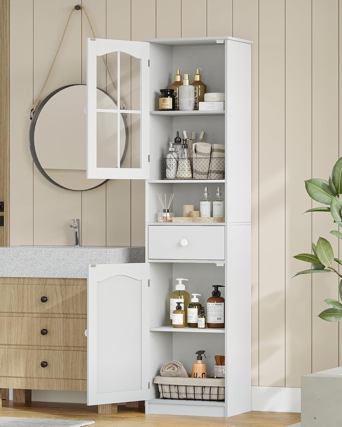 Hzuaneri SC10003X Bathroom Cabinet with Glass Door, High Storage Cabinet with 2 Doors and 1 Drawer, Adjustable Shelves, Bathroom, Living Room, 40 x 30 x 170 cm, White