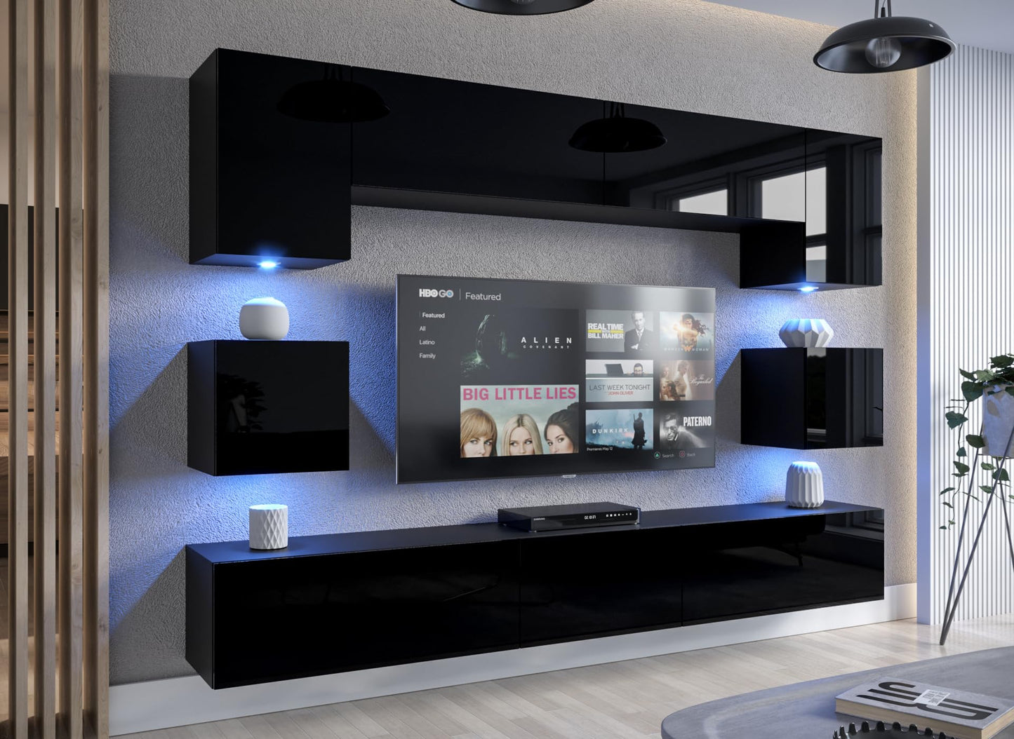 Furnitech Living Room Wall Unit | Hanging Living Room Wall Unit Modern | Living Room Cabinet Wall with Shelves and TV Cabinet | Living Room Furniture without LED (Nowara AN1-17S-M50 1A)