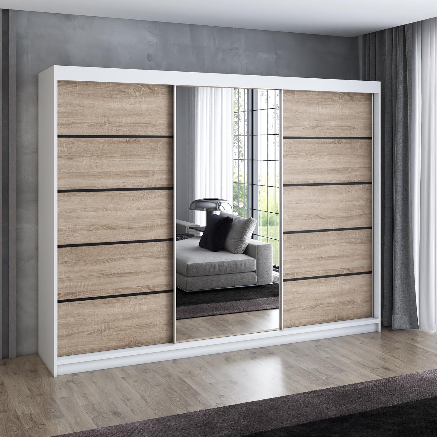 A&J MöbelLand Schwebetürenschrank VILANO 2, 3-türig Schrank 200 cm Kleiderschrank mit 4 Schubladen, und Spiegel (Weiß, Schwarz, Somona) (Schwarz/schwarz/schwarz)