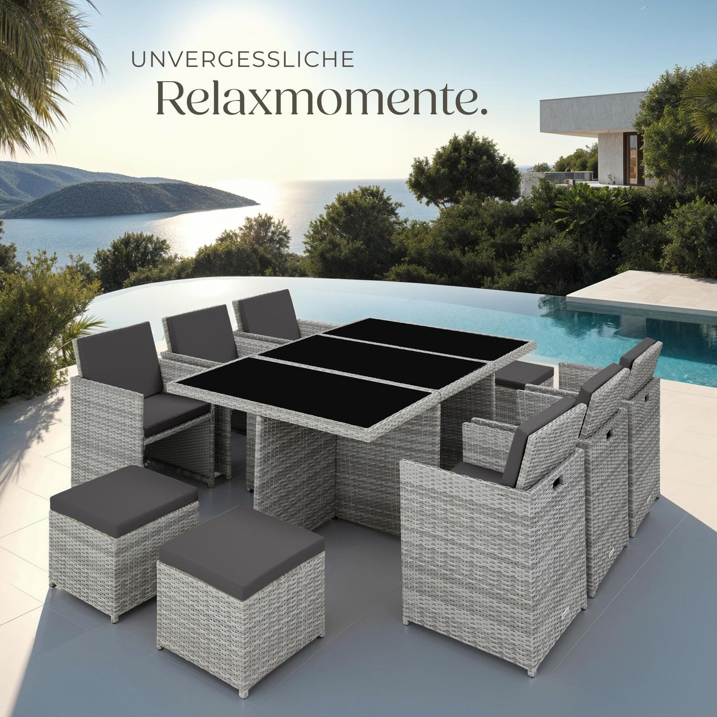 tectake Polyrattan Gartenmöbel Set, Sitzgruppe mit 6 Stühle +1 Glasplatte Tisch + 4 Hocker, Gartenlounge Set klappbar, für bis zu 10 Personen, Balkon Möbel, inkl. 2 Bezugsset - Natur