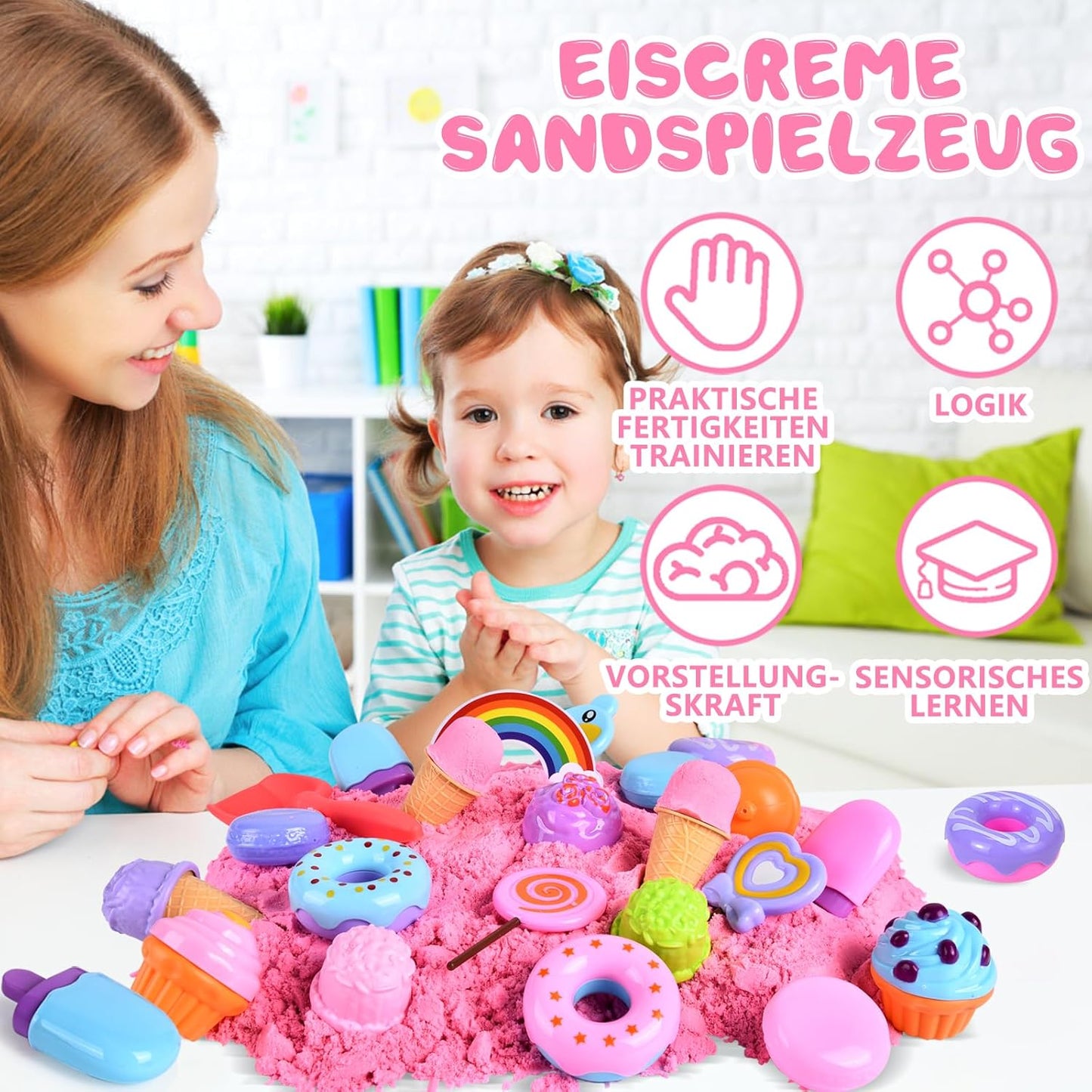 JONRRYIN Sand Sandbox Set, Magic Sand Sensory Sand Toy, Ice Cream Play Sand Sand Toy with 1 kg Kneading Sand and 30 Pieces Accessories, Play Sand Case for Children, Birthday, Christmas Gift