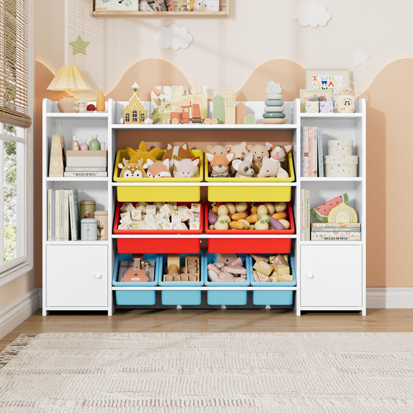FOREHILL Kinderregal mit 8 Boxen Kinderschrank Holz Bücherregal für Kinder Aufbewahrungsbox Kinderzimmer Möbel mit Spielzeugkiste 138,8 x 94,3 x29,6 cm (rosa)