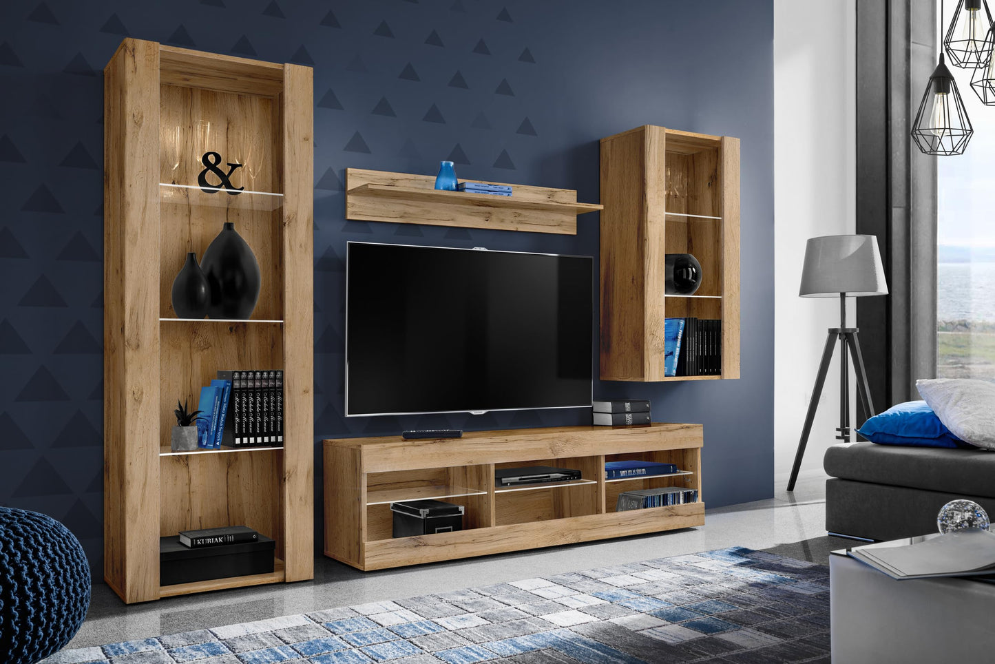 Komodee Tivoli Medio Wall Unit Living Room Set, Black/Black, Width 245 cm x Height 159 cm x Depth 35 cm, LED Blue, for Living Room, Bedroom