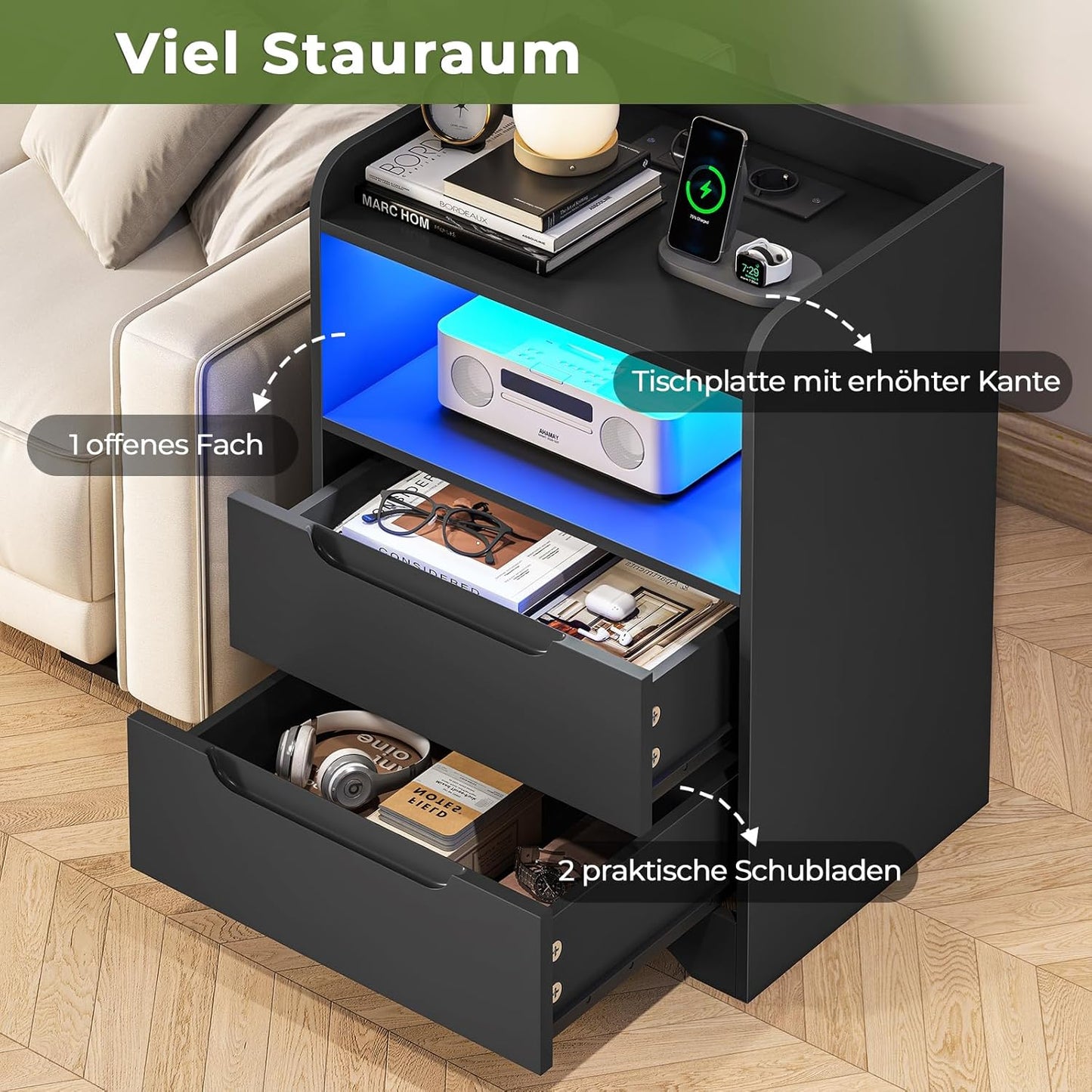 Bedside Table Set of 2 Bedside Tables with Charging Function and LED Light, Bedside Table, Set of 2 with 2 Drawers, Black Side Table, Black Coffee Table, Sofa Table for Bedroom, Living Room