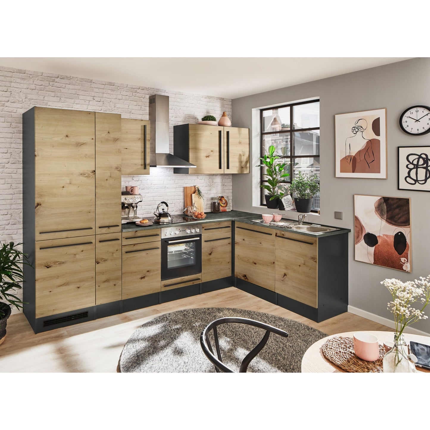 Jazz 8 Modern Corner Kitchen without Electrical Appliances in White High Gloss, Metallic Grey - Spacious Kitchen Unit in L-Shaped with Lots of Storage Space - 220 x 211 x 60 cm (W x H x D)