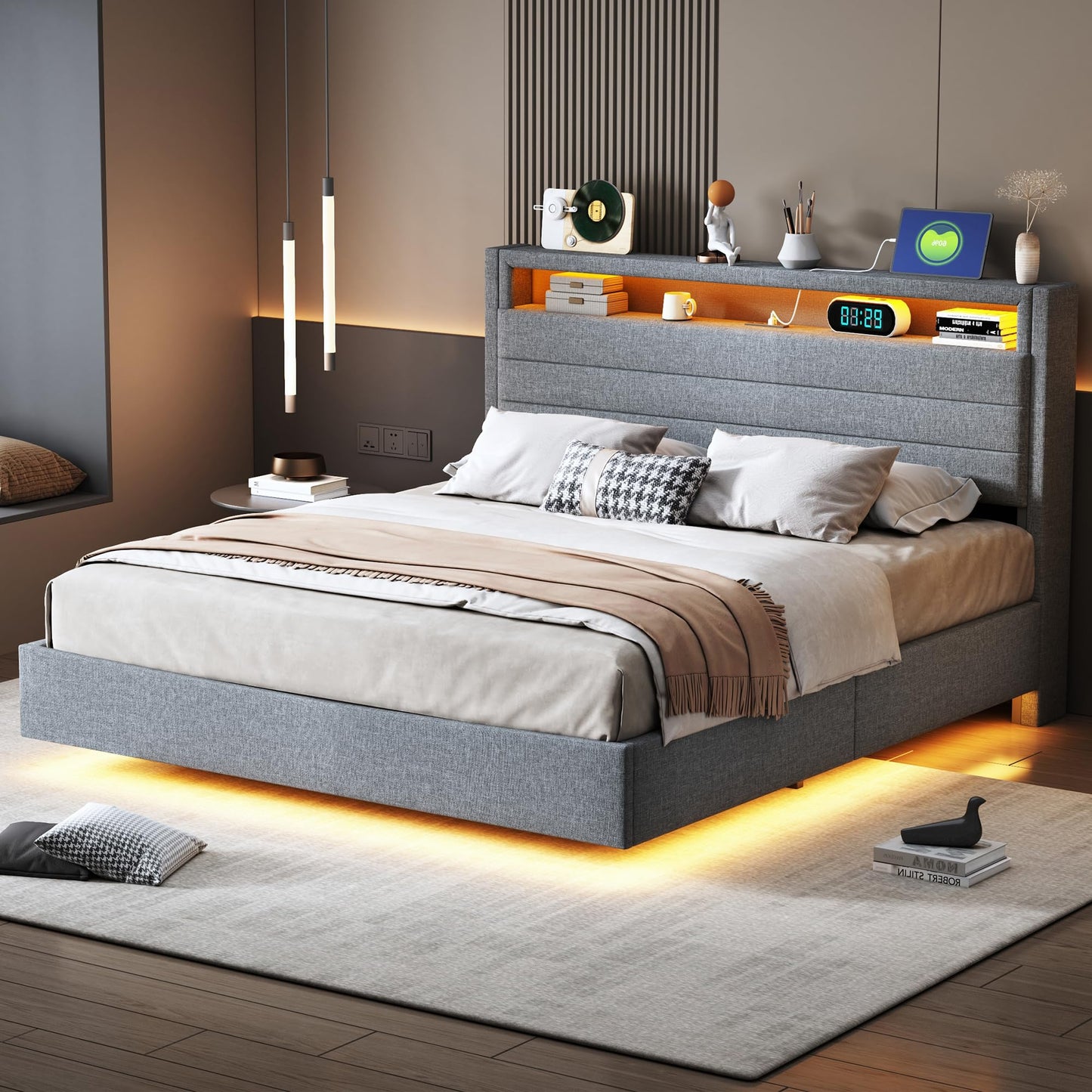 LAKFEW Upholstered Bed 140 x 200 cm, Double Bed Functional Bed with USB Socket and LED Lighting, Hanging Bed Headboard with Concealed Storage Space, Bed Frame Bed with Slatted Frame, Linen, Without
