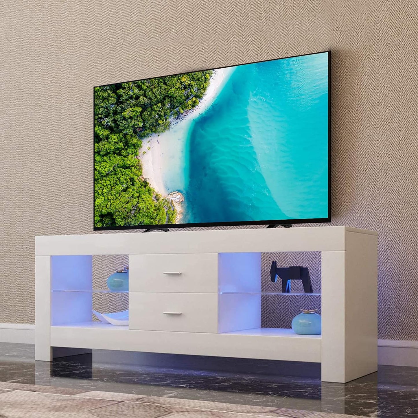 Dripex TV Lowboard, TV Sideboard with LED Lighting & Drawers, High Gloss TV Storage Unit, 130 x 50 x 35 cm, White