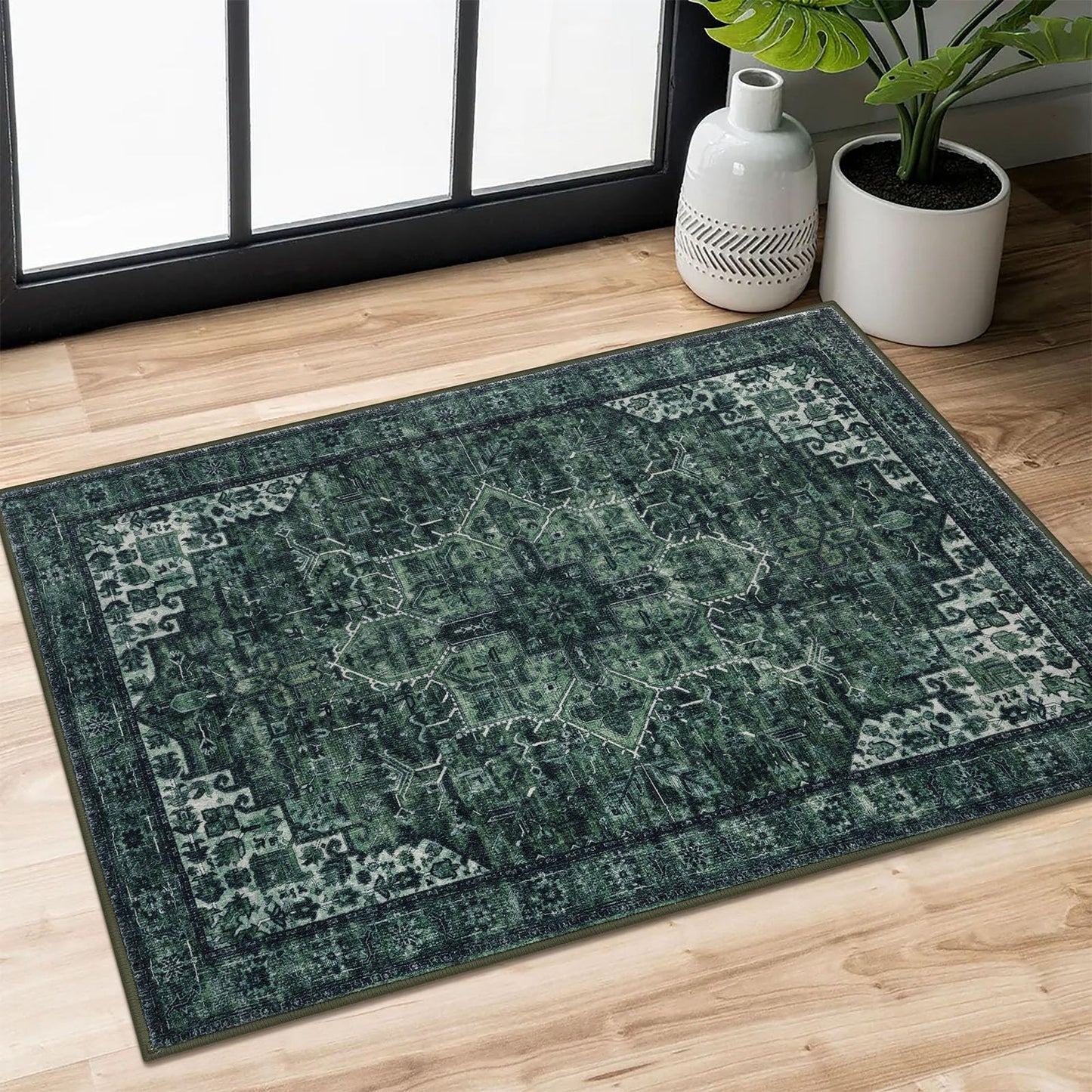 2x3 Blue Washable Rug for Entrance, Soft Traditional Area Rug, Non-Slip Printed Kitchen Rugs, Low-Pile Medallion Indoor Door Mat, Small Farmhouse Carpet for Entryway Kitchen Foyer Bedside