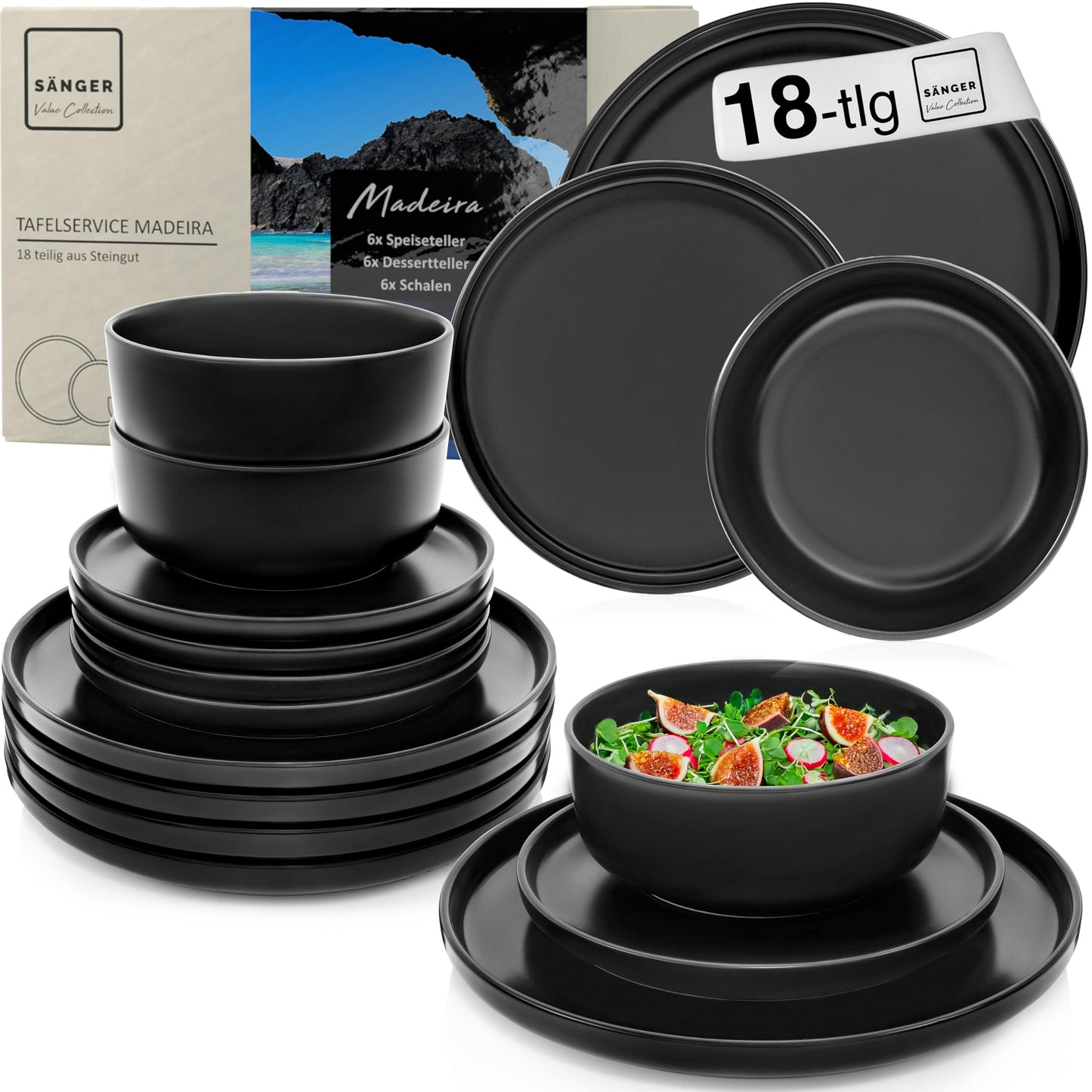 SÄNGER Madeira | Steingut Geschirr Set 18 tlg, Teller Set 6 Personen, Geschirrset 6x Speiseteller 6x Müslischalen 6x Dessertteller, Tafelservice schwarz kratzfest, Essgeschirr matt | VALUE COLLECTION