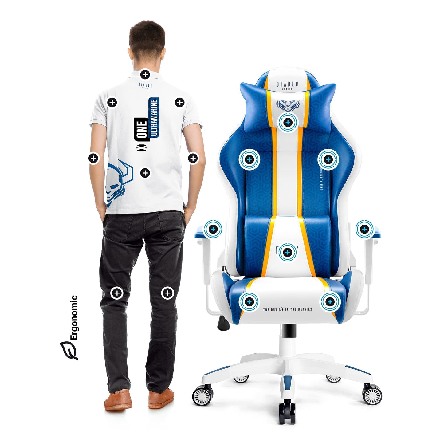 Diablo X-One 2.0 Gaming Stuhl Gamer Chair Bürostuhl Schreibtischstuhl Verstellbare Armlehnen Ergonomisches Design Nacken/-Lendenkissen Wippfunktion Aqua Blue Normal (L)