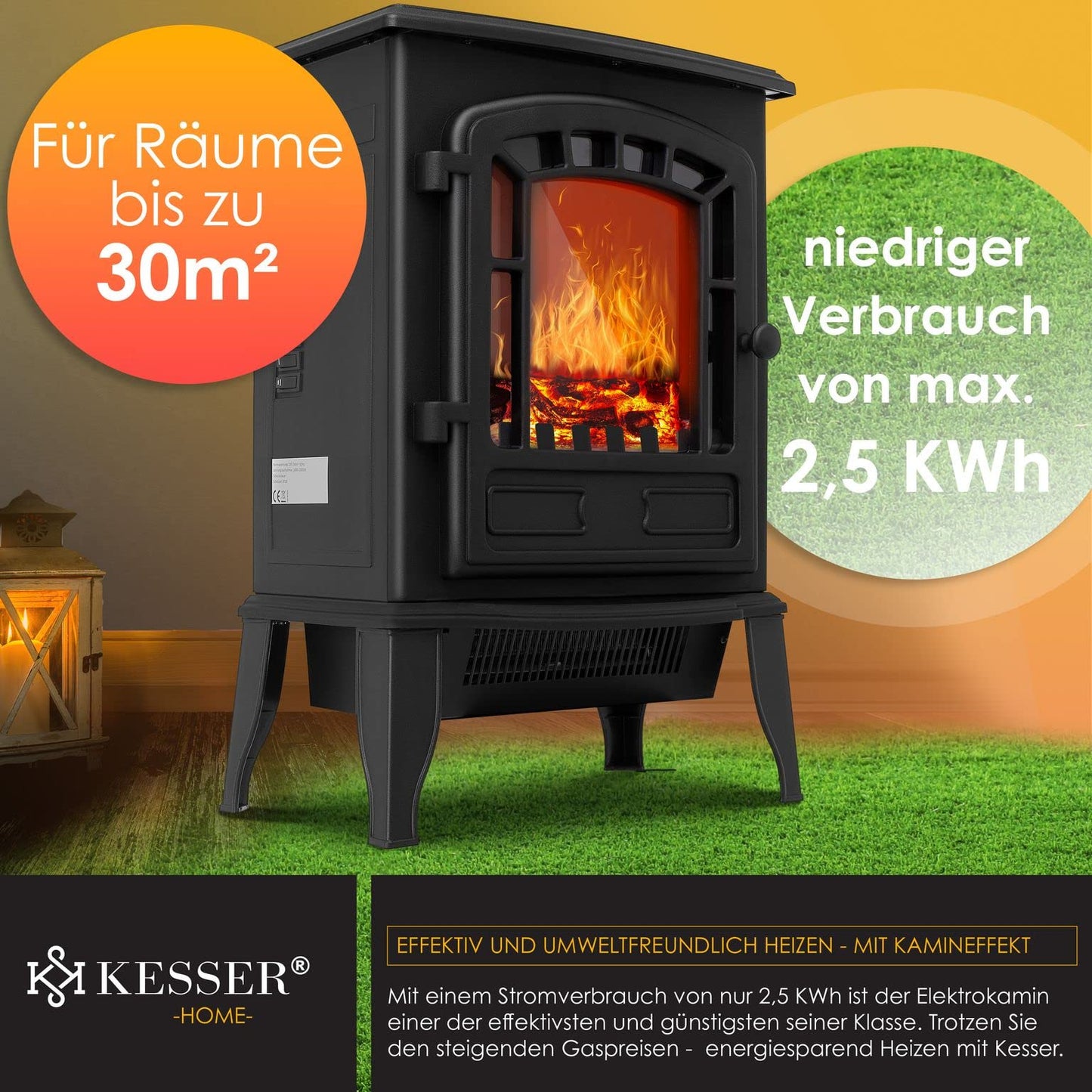 KESSER® Elektrokamin mit Heizlüfter & Fernbedienung 2000W Elektro Kamin Elektrischer Heizung LED Kaminfeuer Effekt Kaminofen Flammeneffekt Heizer Ofen geräuscharm regelbar Grau