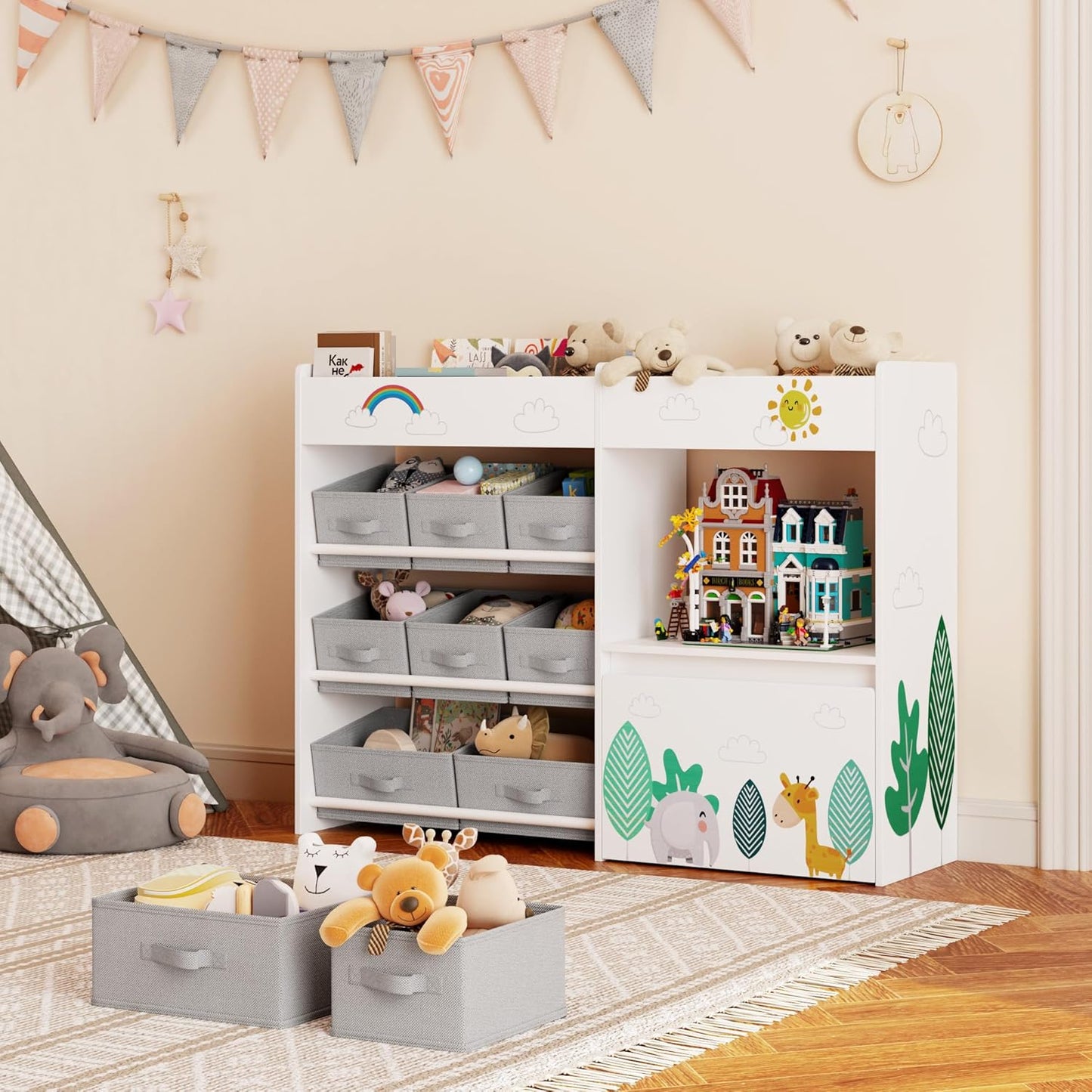HOCSOK Spielzeugregal, Kinderregal mit 10 Stoff Aufbewahrungsboxen, Bücherregal, Spielzeugkiste auf Rollen, Spielzeug-Organizer im Kinderzimmer, Weiß