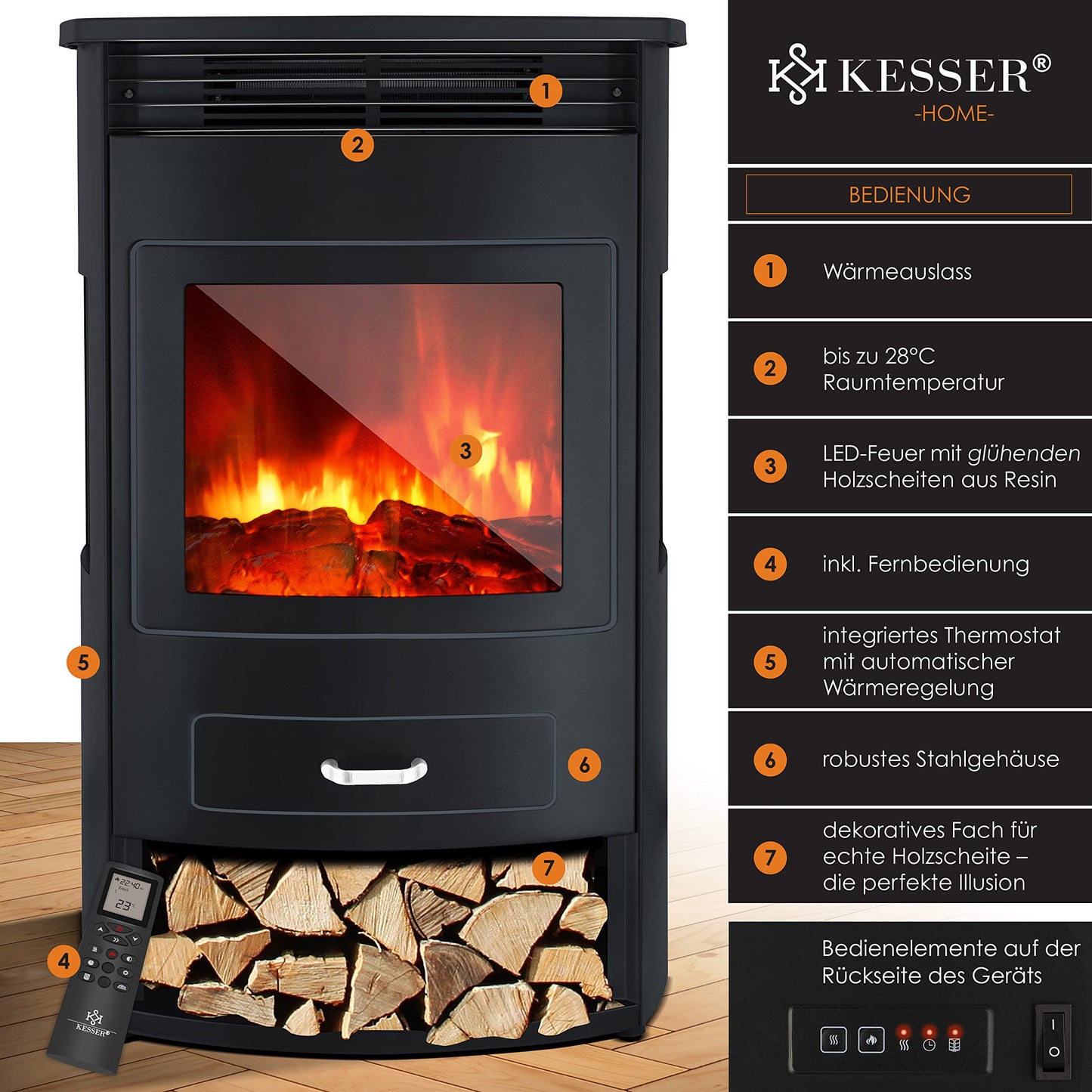 KESSER® Prio Electric Fireplace with Heater Fan Heater Remote Control 950/1900 W Fireplace Electric LED Flame Effect Fireplace Electric Fireplace with Thermostat 3-Piece Panoramic Viewing Window Heating Function Timer