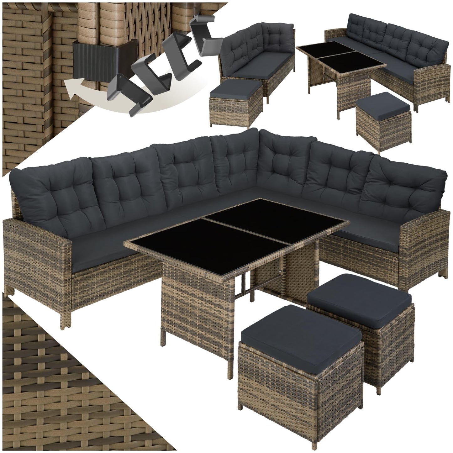 tectake Polyrattan Lounge Set, Garden Furniture Set with Sofa, Stool + Table, Balcony Furniture Outdoor, 5-Piece Seating Set, Including Seat and Back Cushion, Ideal for Garden, Patio, Balcony -