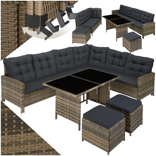 tectake Polyrattan Lounge Set, Garden Furniture Set with Sofa, Stool + Table, Balcony Furniture Outdoor, 5-Piece Seating Set, Including Seat and Back Cushion, Ideal for Garden, Patio, Balcony -