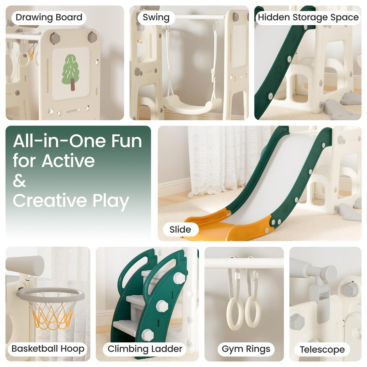 hoopyosms 8-in-1 Rutsche und Schaukel Set für Kleinkinder mit Whiteboard, Basketballkorb, Teleskop, Klettergerüst & Turnringen, Indoor Outdoor Spielplatz Aktivitätscenter für Kinder(Grün)