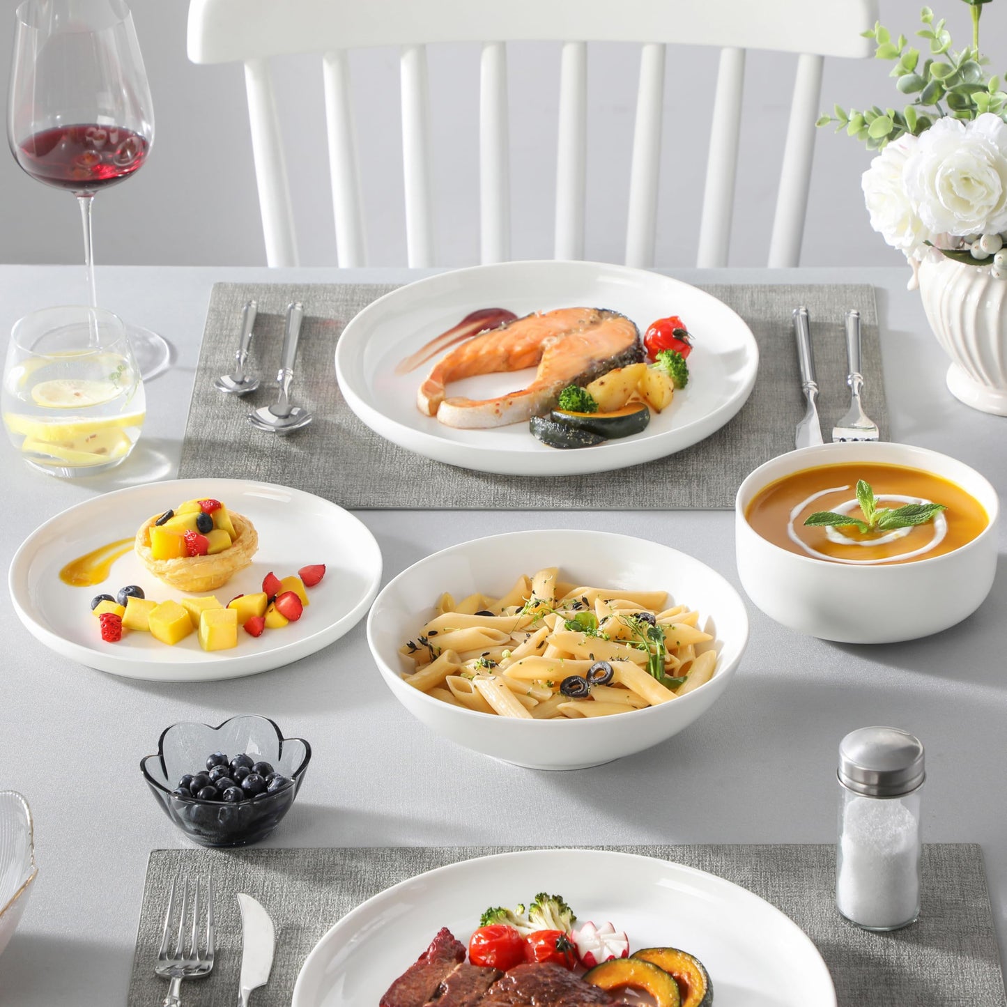 MALACASA Geschirrset 6 Personen, LUNA 24-tlg Tafelservice aus Weißem Porzellan, Modernes Geschirr Set mit je 6 Speiseteller, Dessertteller, Suppenteller und Müslischalen
