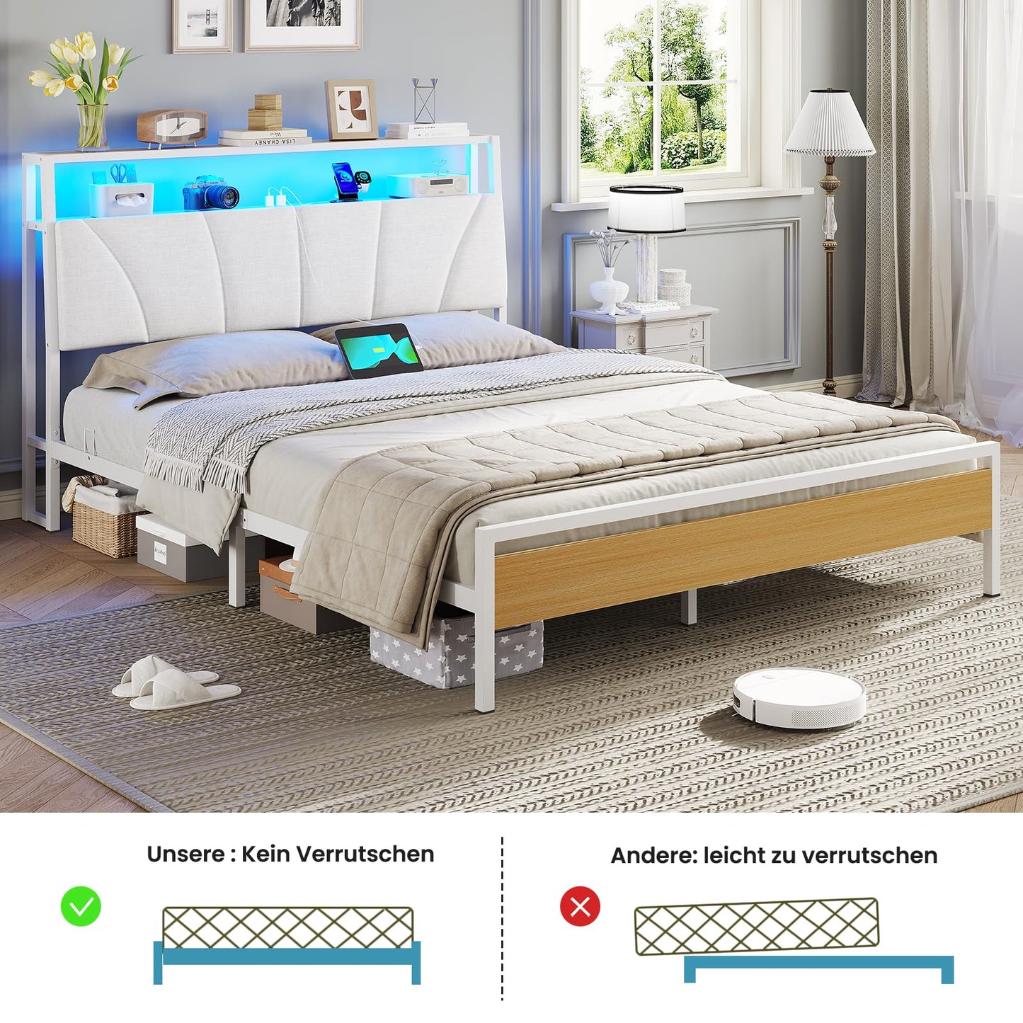 Brinlawb Bed 140 x 200 cm with Metal Slatted Frame, Bed Frame 140 x 200 cm with LED Lighting, Metal Bed 140 x 200 cm with Headboard and Charging Station (2 AC Sockets, 2 USB Ports), Youth Bed, Double
