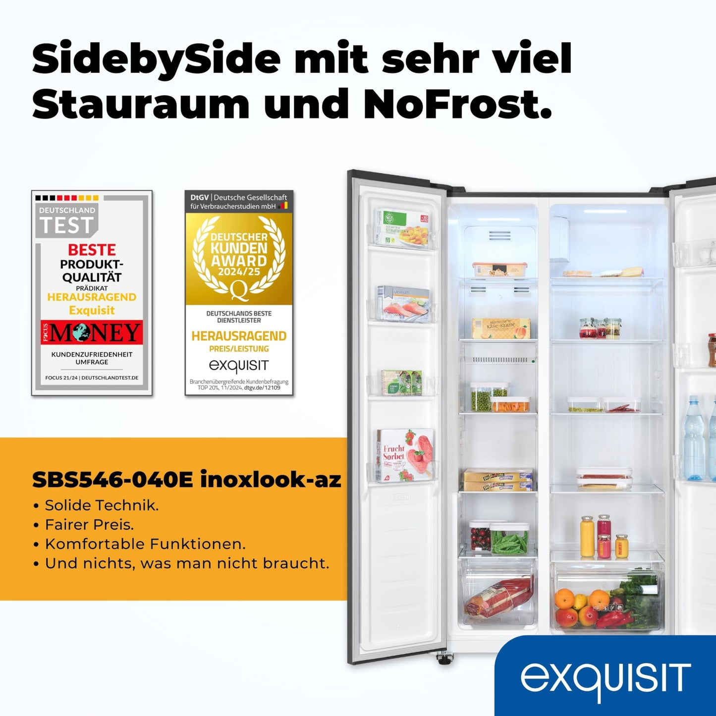 Exquisit Side-by-Side Fridge, Fridge-Freezer, NoFrost, 442 Litres, Quick Freeze, Alarm, 4-Star Freezer, LED Display, SBS546-040E inoxlook-az