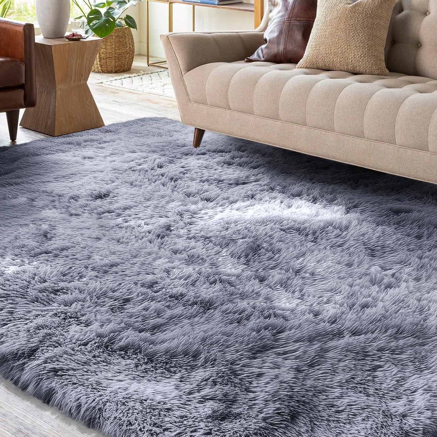 XSIVOD Fluffy High Pile Rug, Dark Grey, Washable Rug 140 x 200 cm, Living Room, Non-Slip Extra Large Rugs, Bedroom, Soft Modern Rugs, Mat Rugs for Children's Room