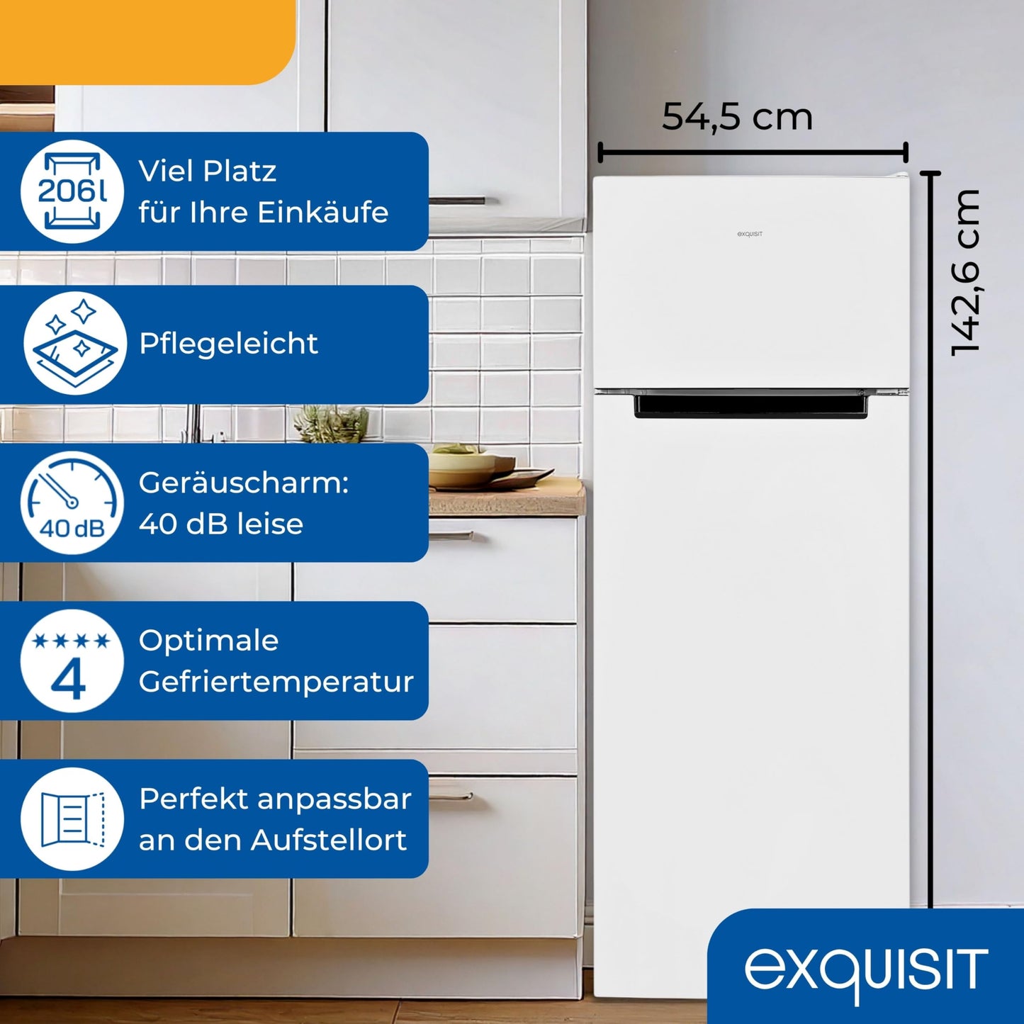 Exquisit KGC5270-45-040E Fridge-Freezer, 143 cm Height, Fridge Freezer, 4-Star Freezer, 206 Litres, Inoxlook