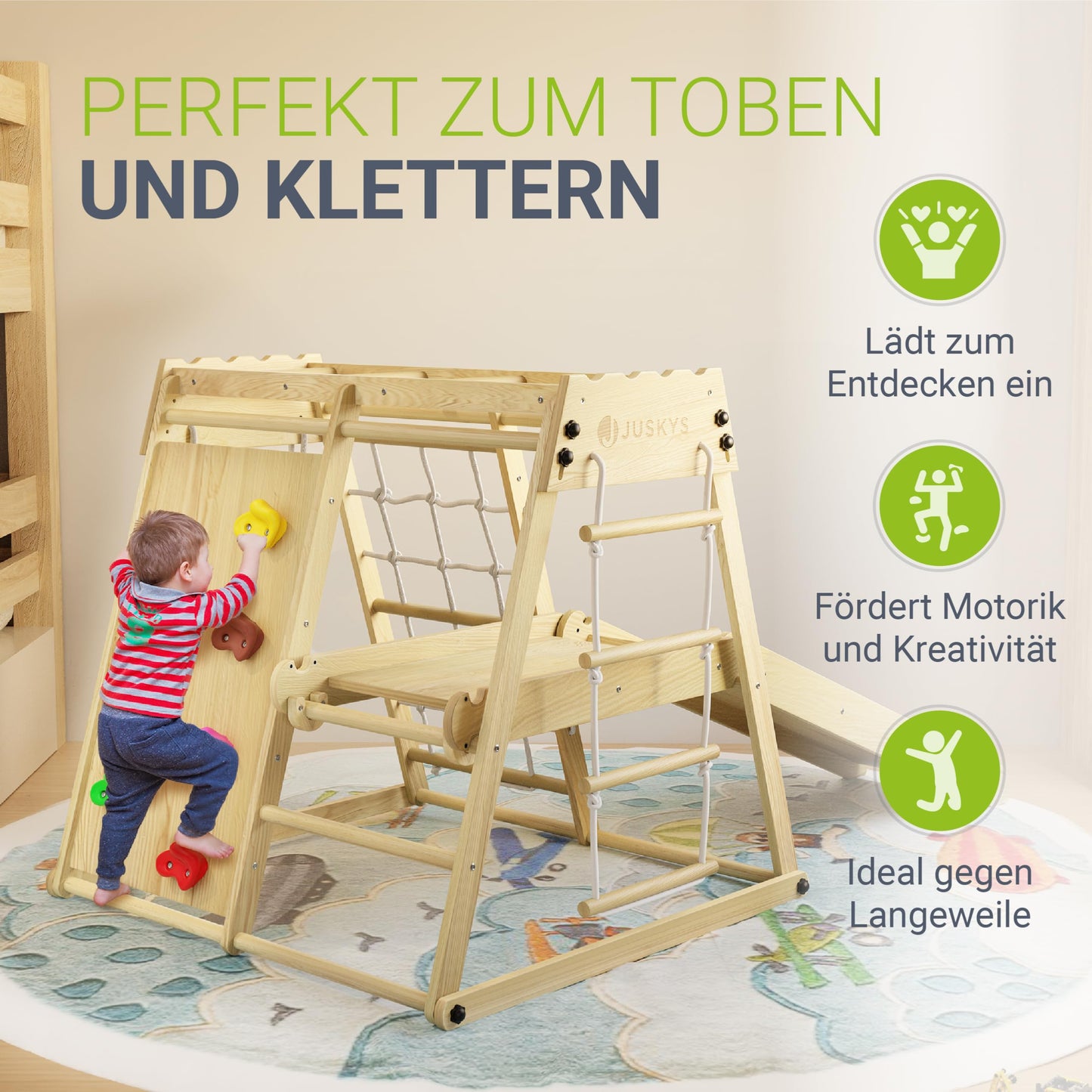 Juskys Mini Climbing Frame for Children - Indoor Playground with Slide, Climbing Wall, Climbing Net & Gymnastics Rings - Wooden Climbing Tower Foldable - Natural