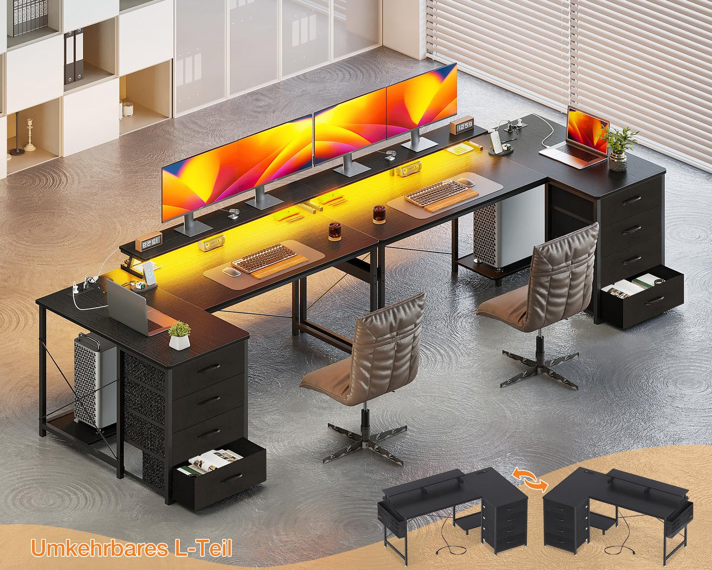 ODK Eckschreibtisch mit 4 Stoff Schubladen, 160x80cm Reversible Schreibtisch L Form mit 2 Steckdosen und 2 USB Ladeanschluss, Gaming Tisch L Form mit LED&Monitorständer für Home Office, Schwarz