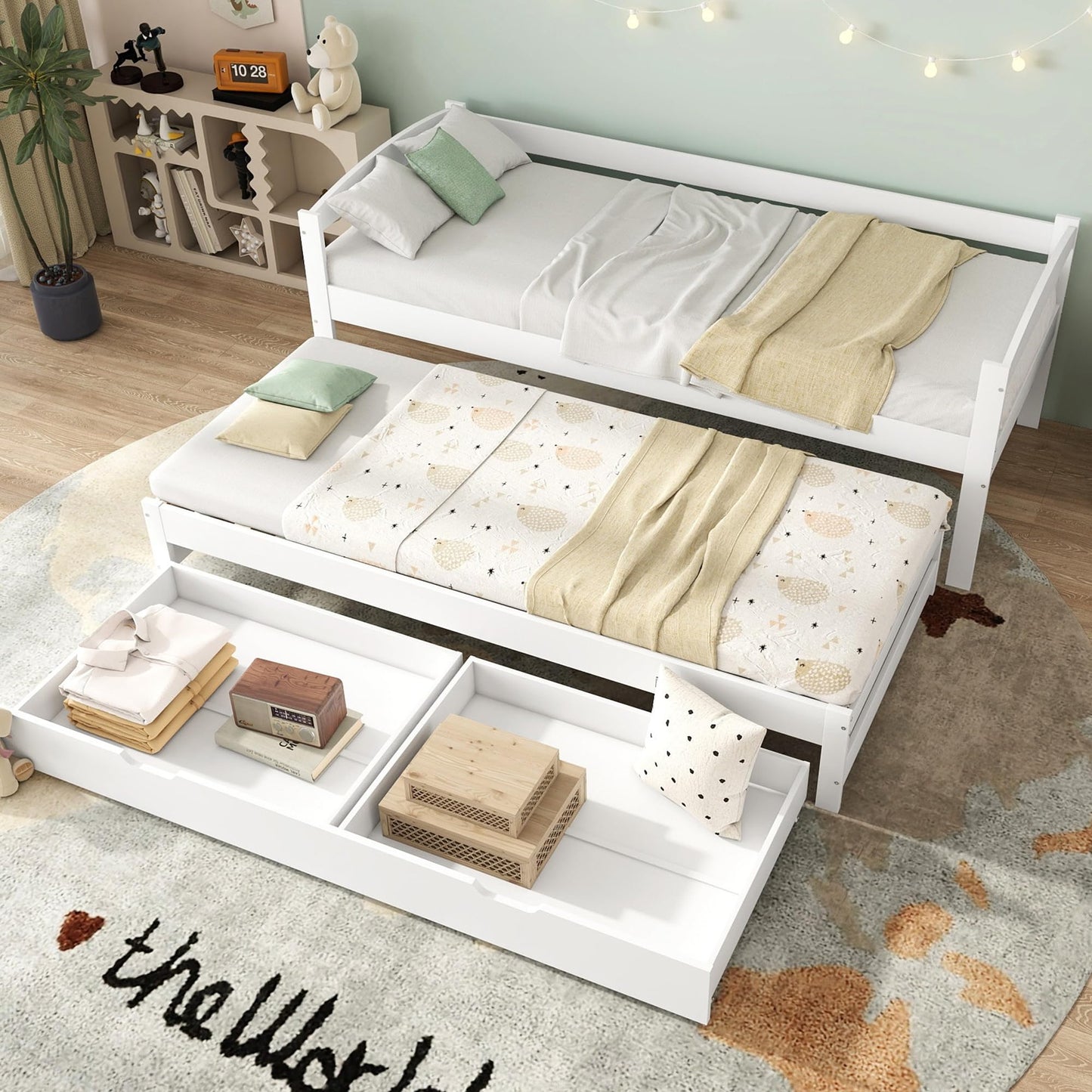 Children's Bed 90 x 200 cm, Wooden Bed with Drawers and Board, Headboard with Bookshelf and Fall Protection, Bed with Slatted Frame and Storage Space, Teenager's Bed, Functional Bed, Wooden Bed Frame,
