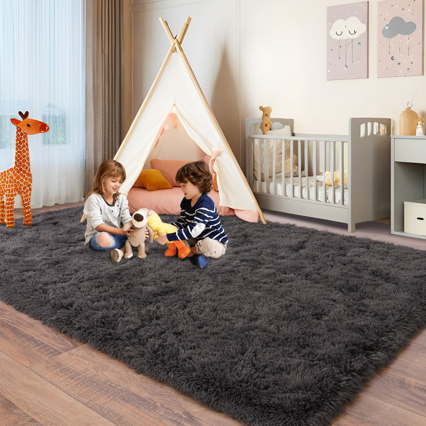 BSGIFT High Pile Rug, Grey, 160 x 230 cm, Shaggy Long Pile Fluffy Rug, Living Room, Modern Living Room Rug, Bed Rug, High-Pile Carpet, Non-Slip for Bedroom, Children's Room