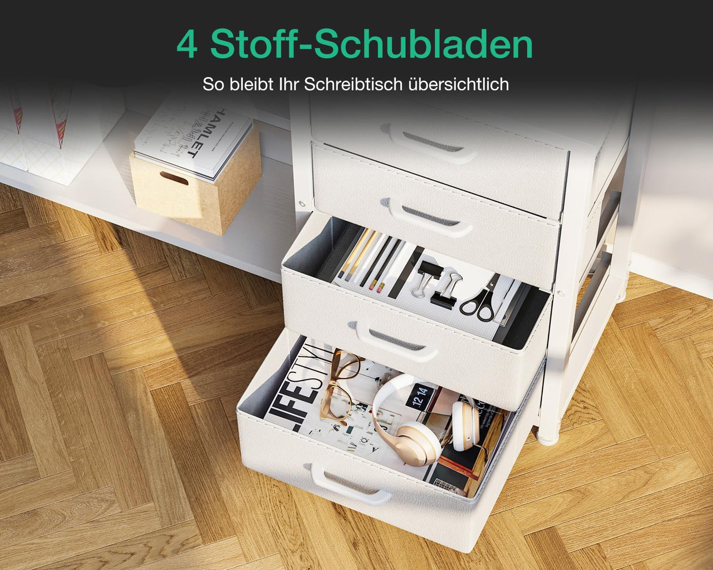 ODK Schreibtisch mit Schubladen, Reversible Eckschreibtisch mit 2 Steckdosen und 2 USB Ladeanschluss, Bürotisch L Form mit LED für Home Office 155×110cm (Alles Weiß)
